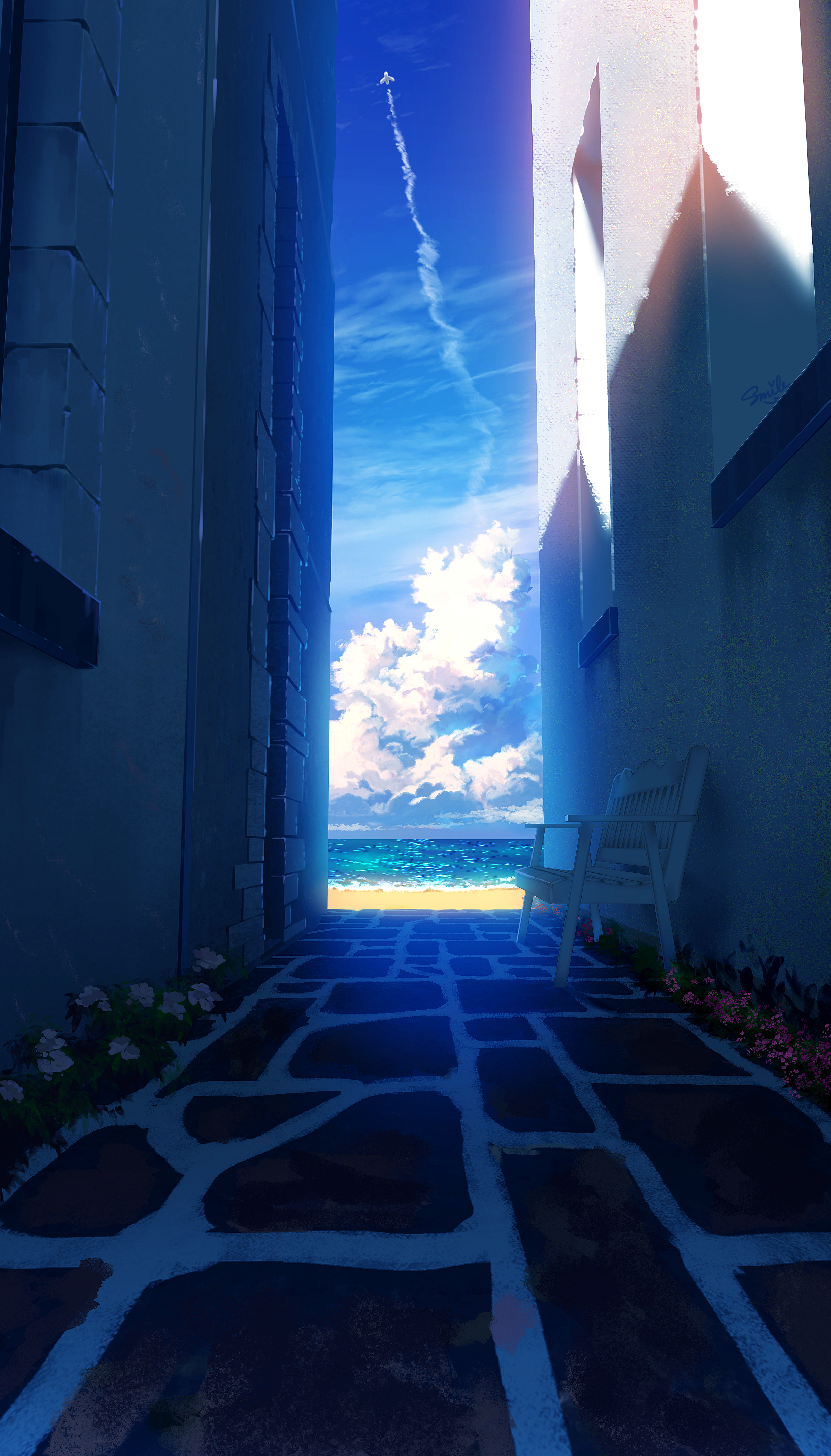 Smile Artist Airplane Aircraft White Flowers Bench Alleyway Sky Clouds Sea Flowers Outdoors Pink Flo 1637x2867
