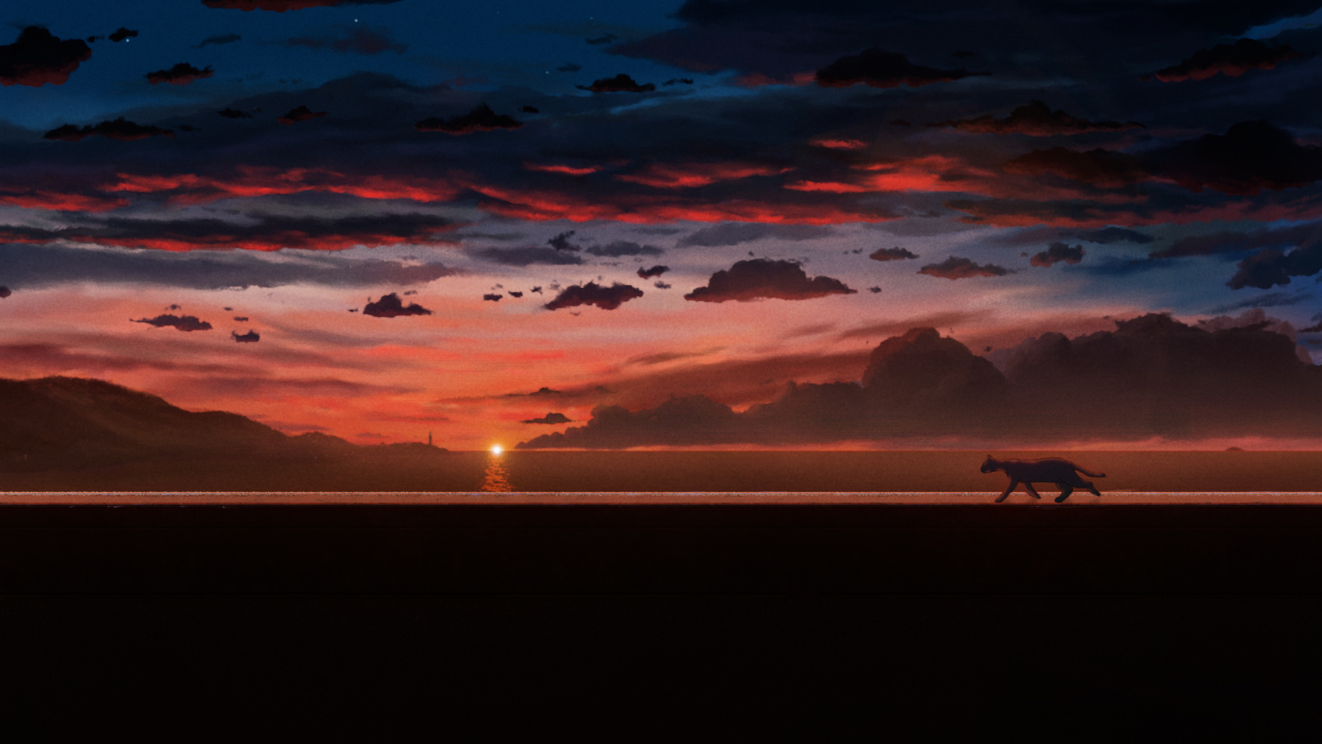 Outdoors Digital Art Nature Sunset Glow Sunset Clouds Sky Anime Cats Sea Glowing Evening Dark 1920x1080