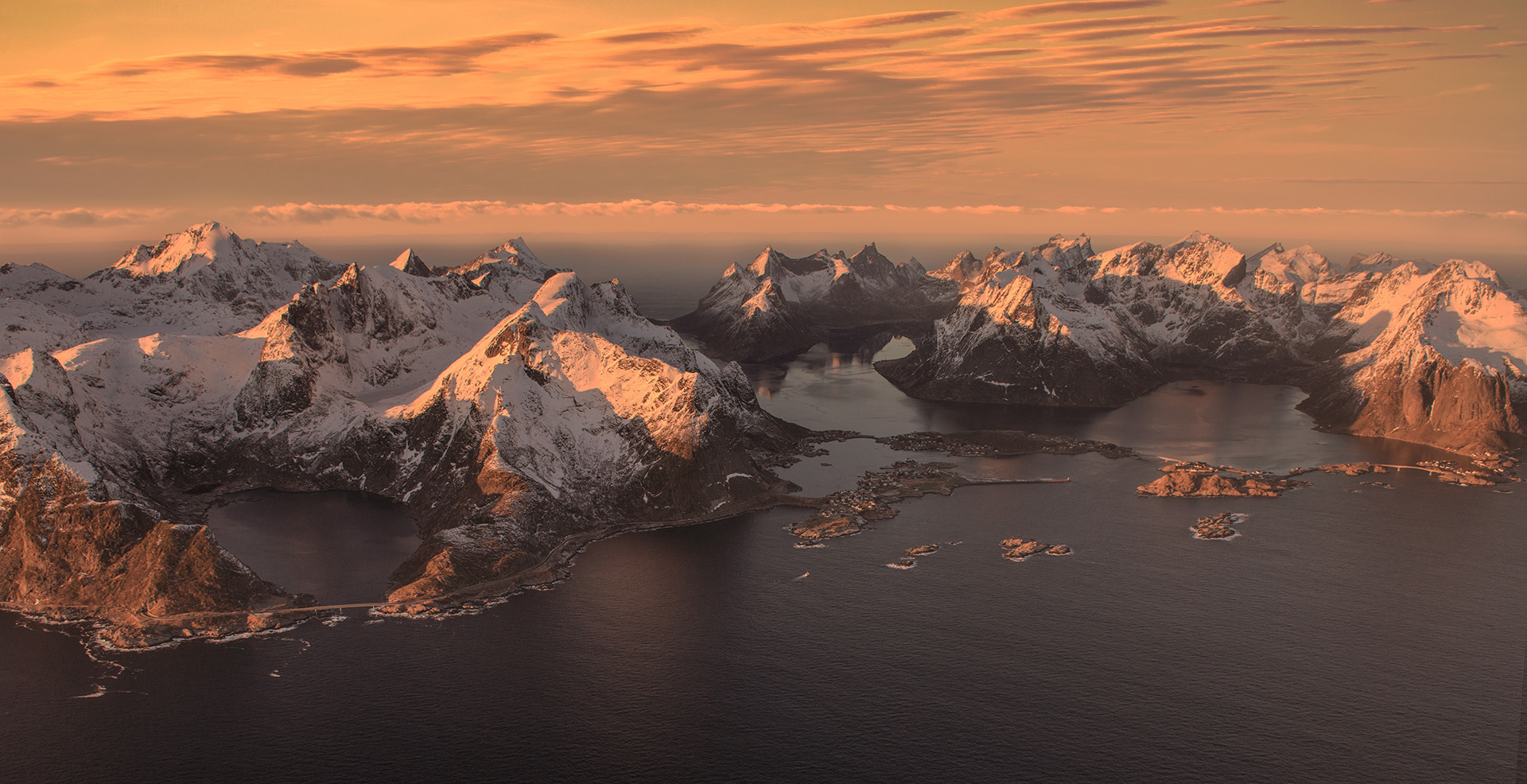 Mountains Snowy Peak Snow Water Reflection Sunset Clouds Norway Nature Lofoten 1920x986