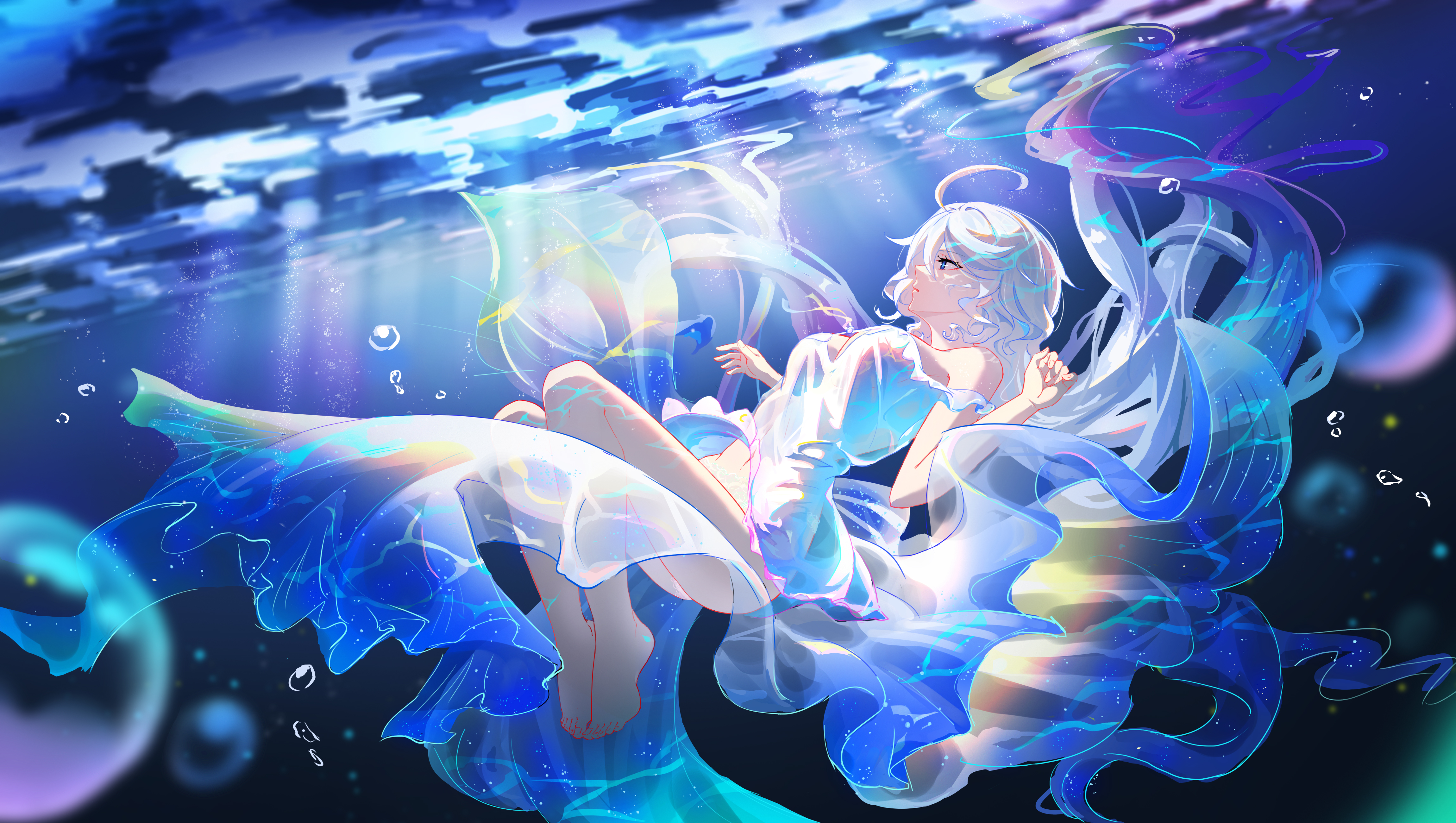 Anime Anime Girls White Hair Long Hair Underwater Blue Eyes Barefoot Furina Genshin Impact Genshin I 4600x2600