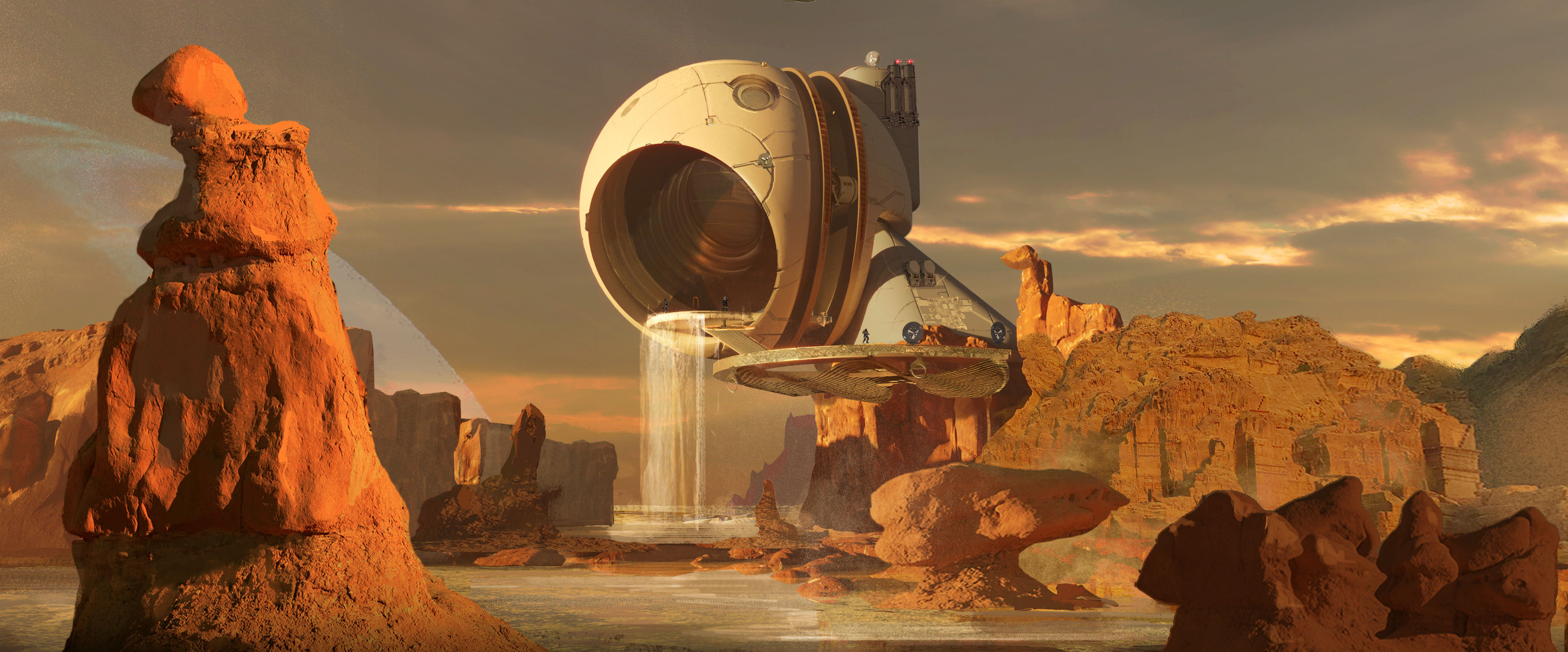 Sergii Golotovskiy Drawing Landscape Science Fiction Waterfall Desolate 3500x1455