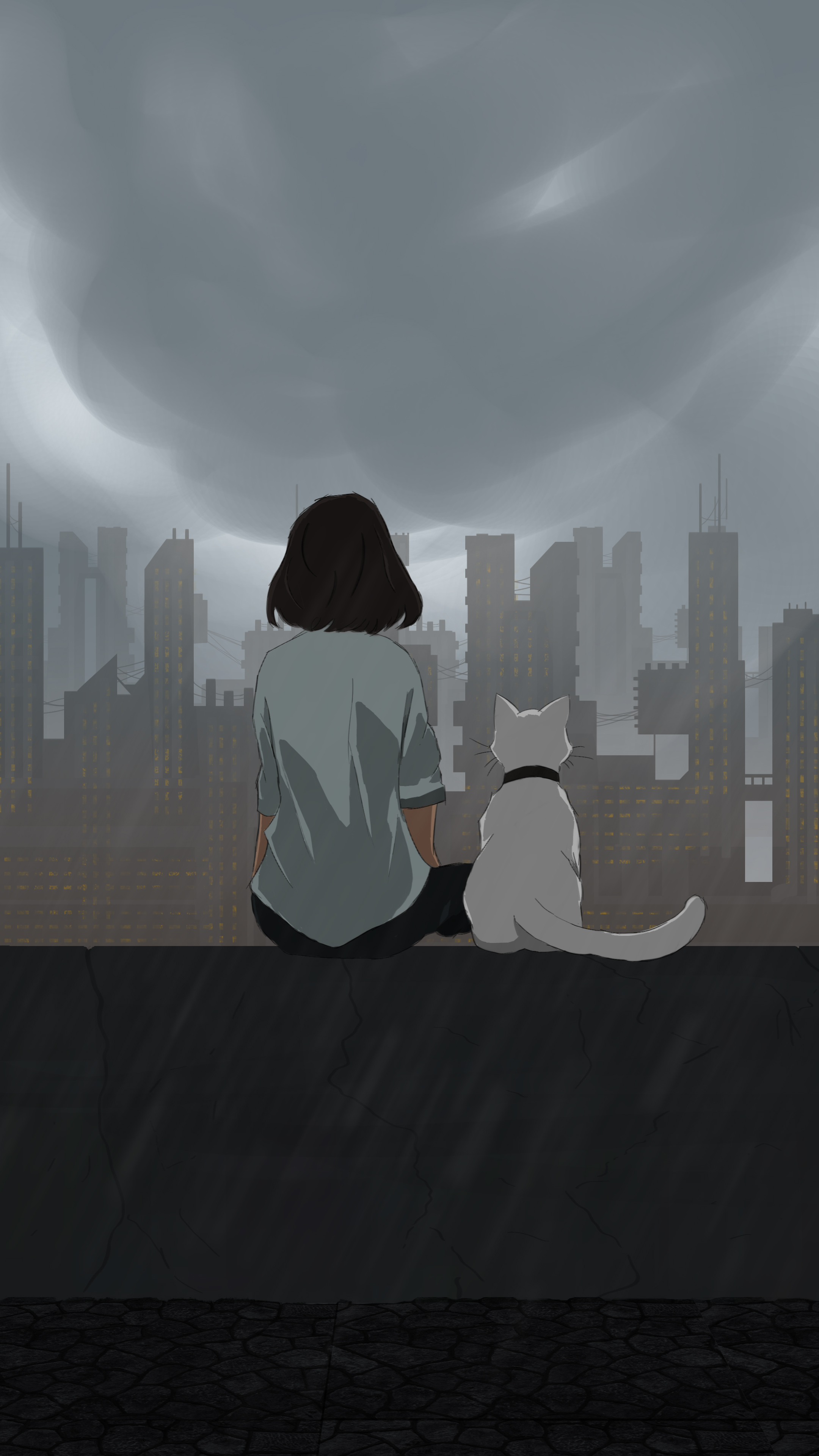 Rain Cat Girl Building Evening City Chill Out Women Digital Art 2160x3840