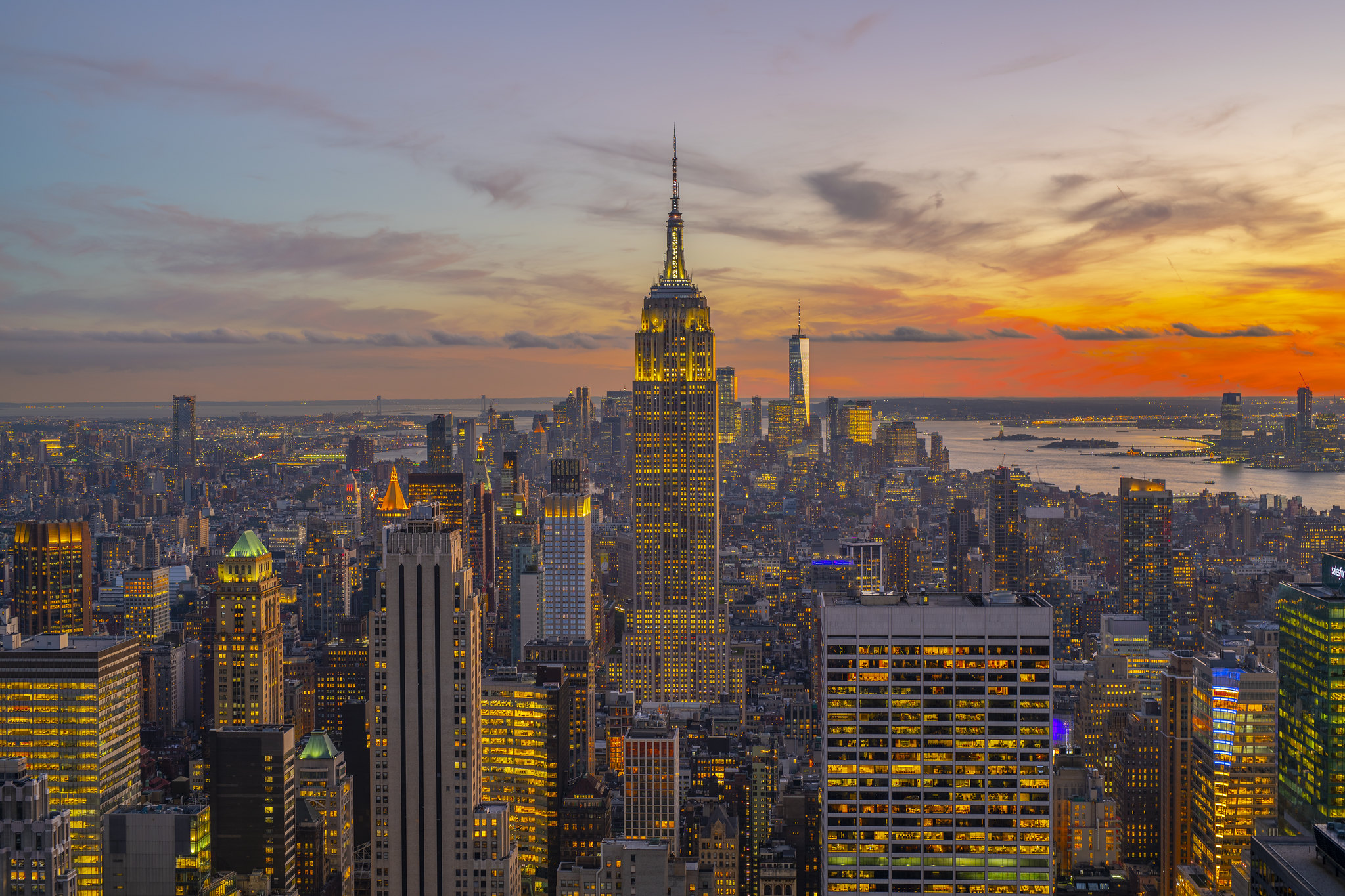 Sky Clouds City Building Lights Sunset Skyscraper Apartments Far View Cityscape Urban Empire State B 2047x1365