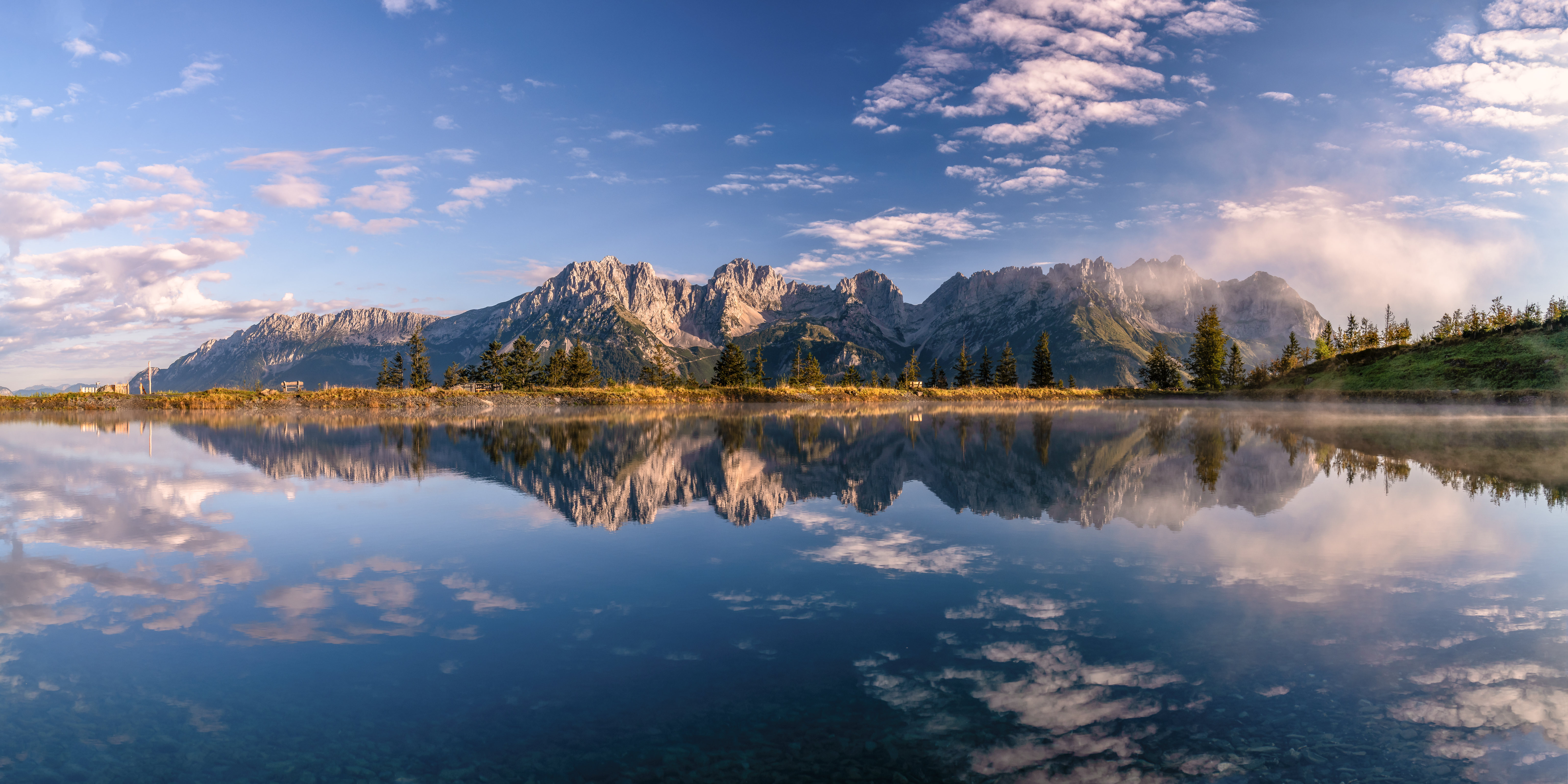 Nature Landscape Mountains Clouds Sky Water Trees Reflection Rocks Kaiser Mountains Austria Achim Th 6144x3072