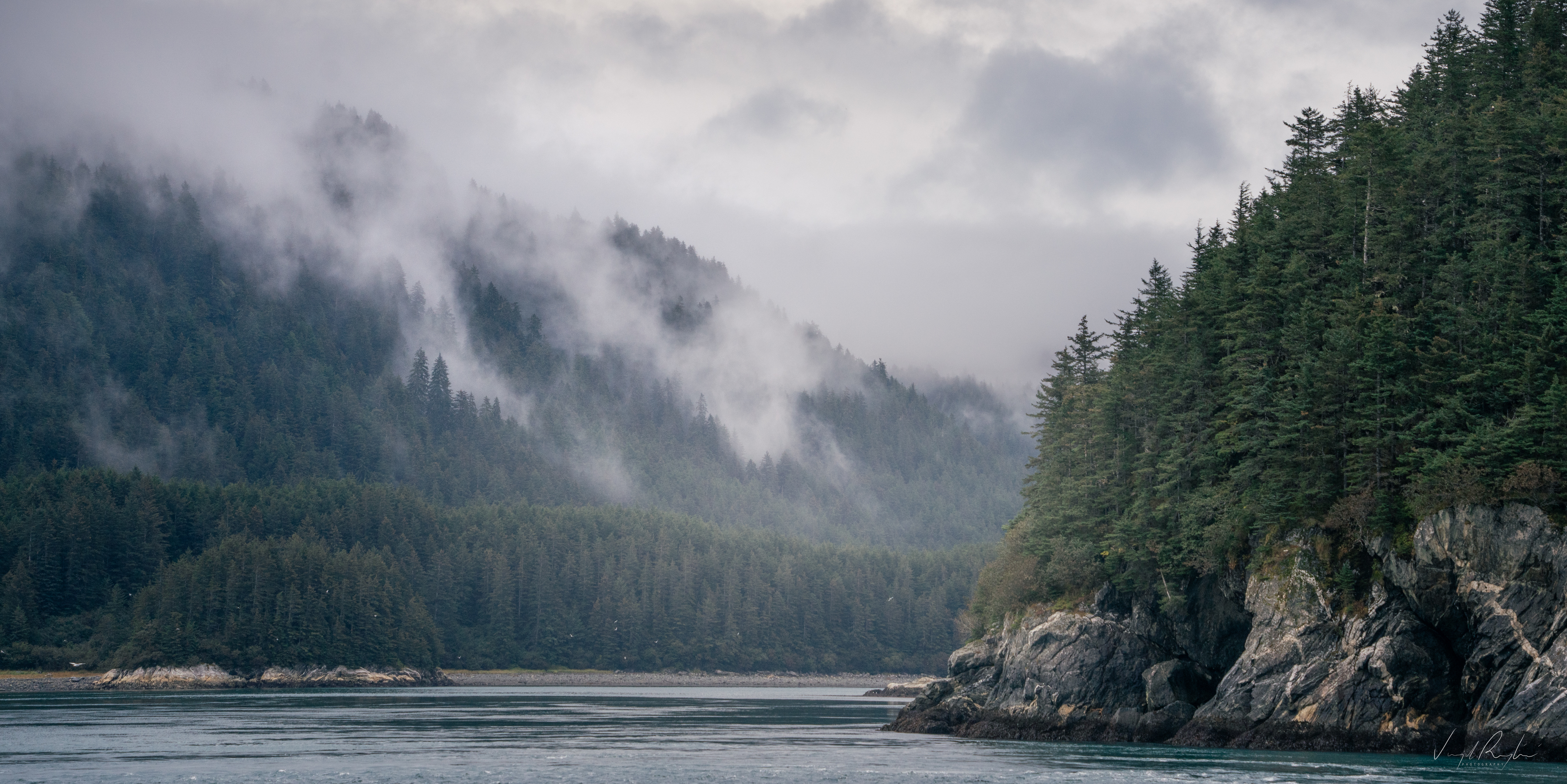 Photography Virgil Reglioni Nature Sky Environment Landscape Trees Forest Rocks Mist Fog River Rock  5120x2562