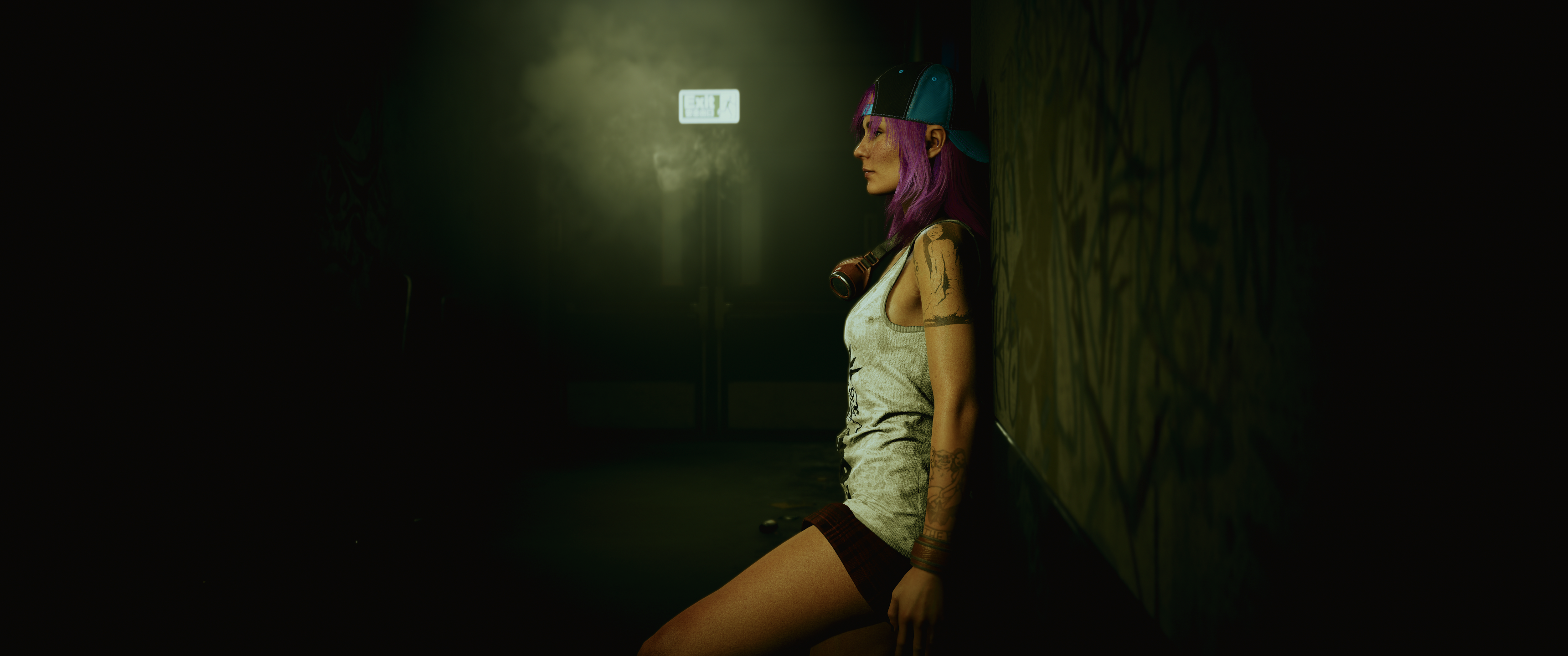 Cyberpunk 2077 Cyberpunk Technology Ultrawide Pink Hair Tank Top Baseball Cap Shorts Tattoo Cinemati 3440x1440