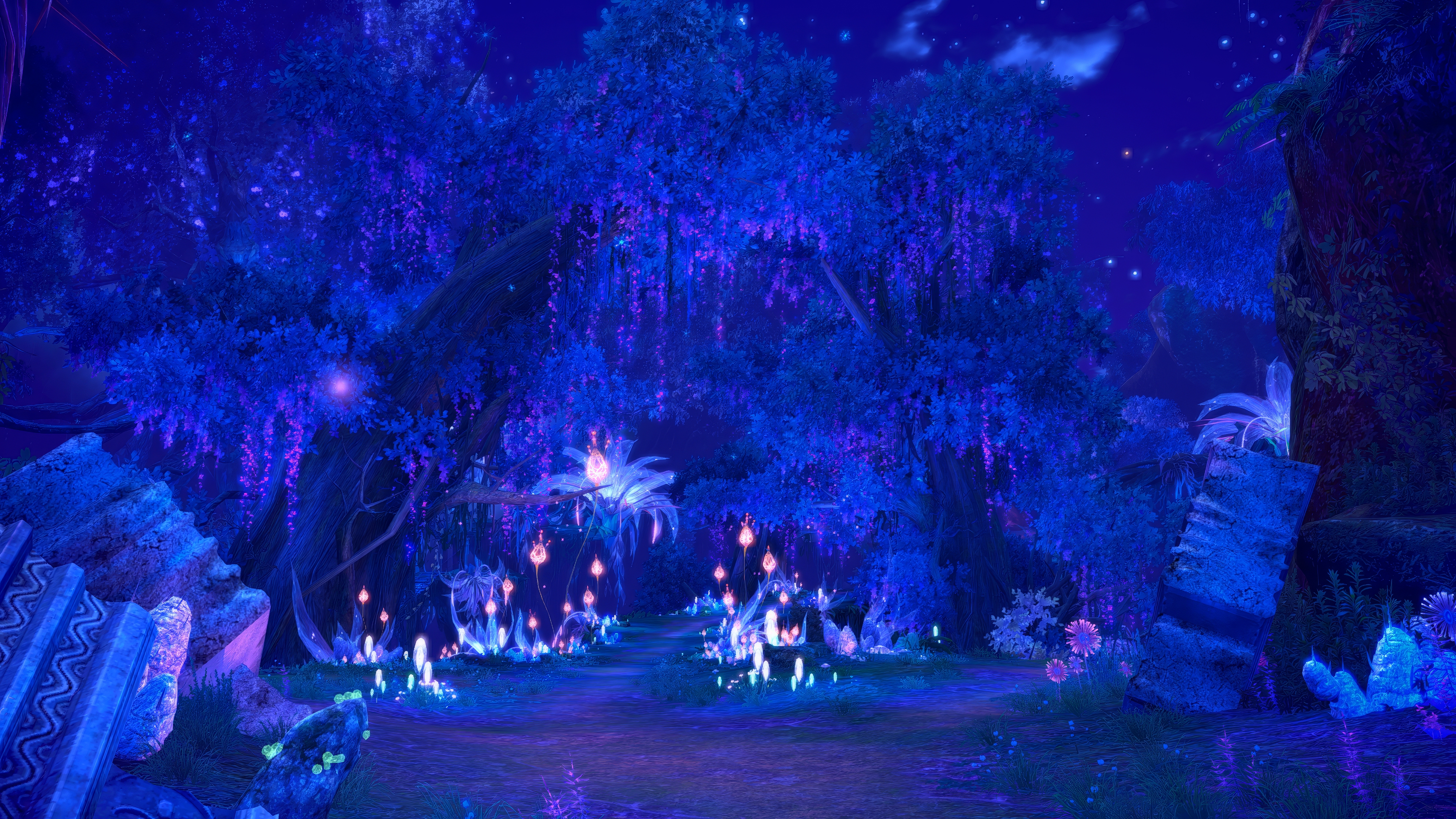 Video Game Art Night Glowing Neon Blue Shiny Plants Trees Forest Clearing Forest Digital Art 3840x2160