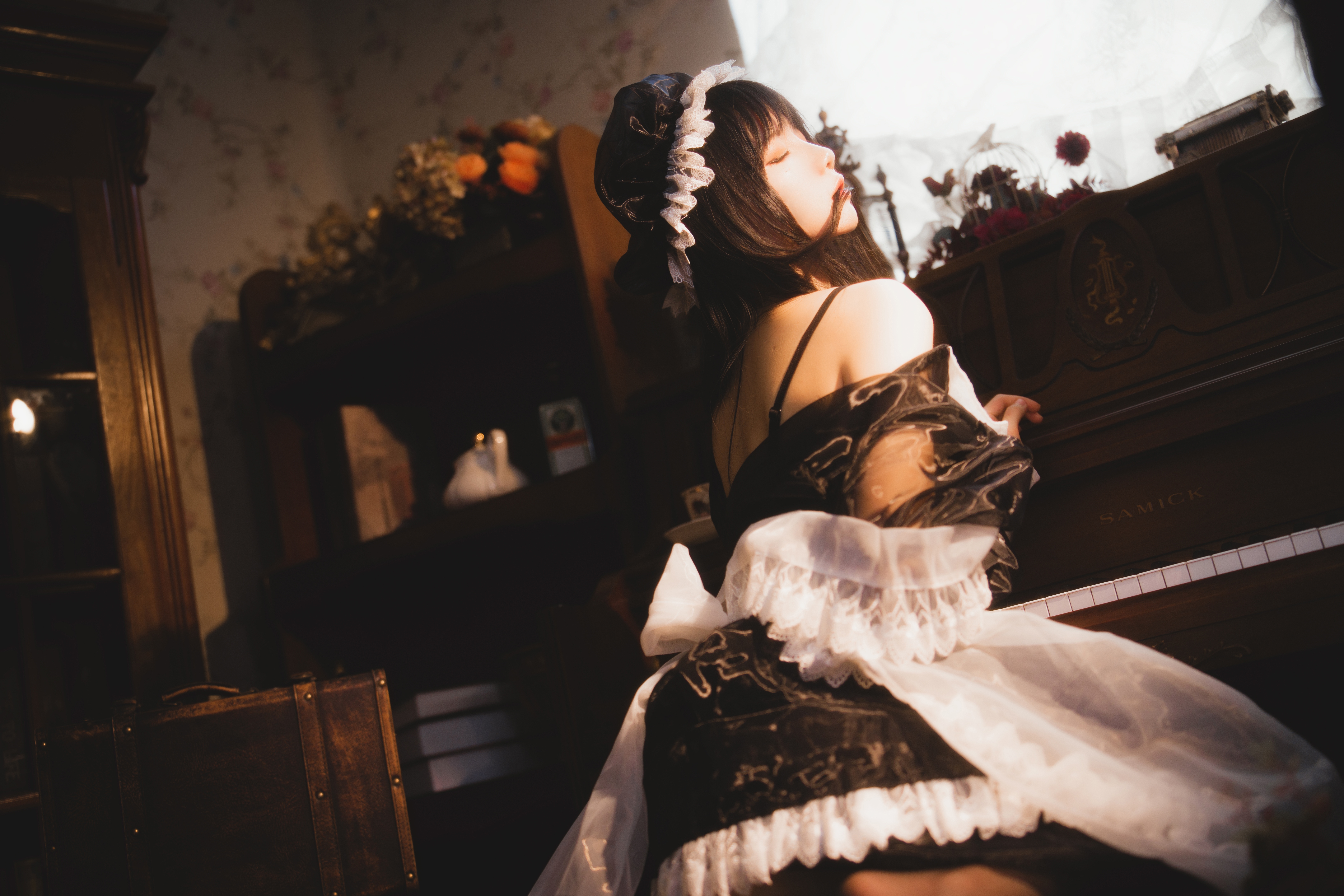 Asian Women Indoors Maid Outfit Black Hair Piano Women Model Brunette 7008x4672