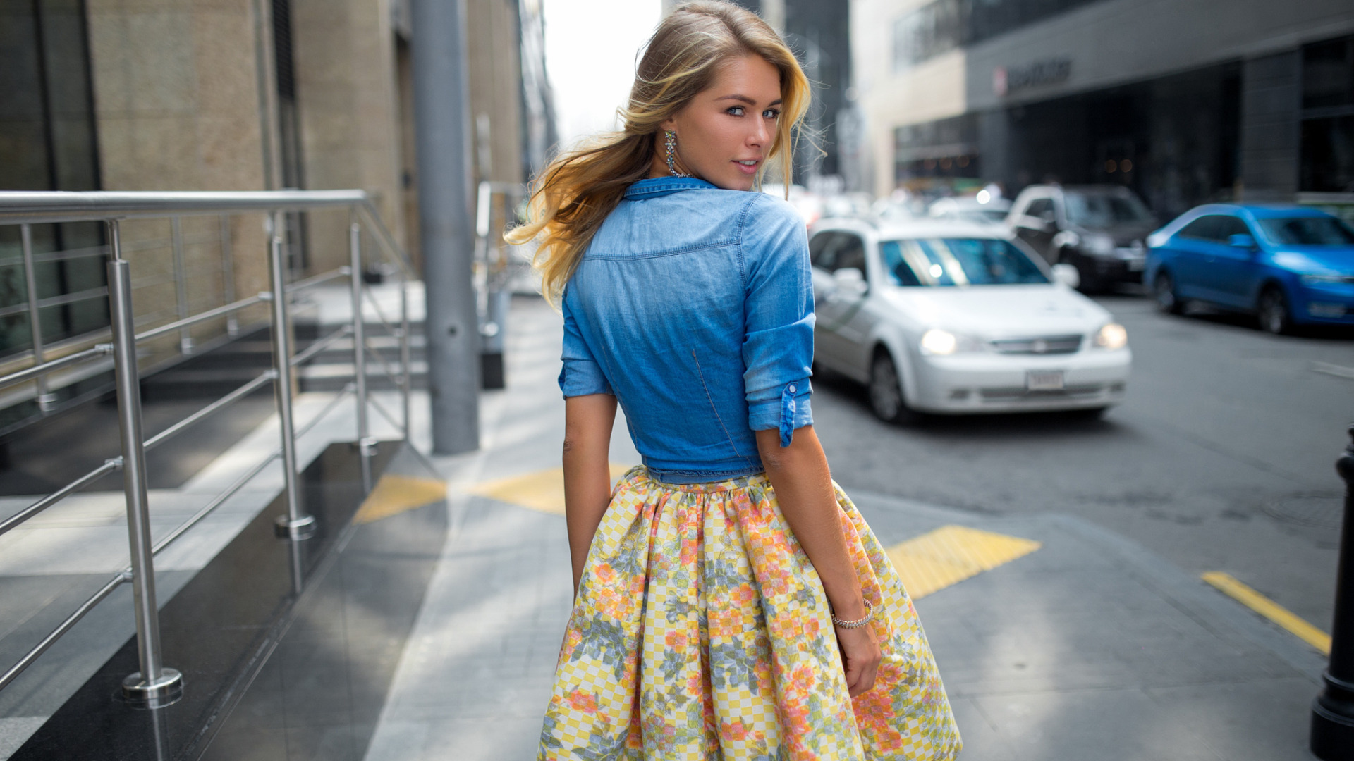 Women Model Blonde Long Hair Women Outdoors Car Looking Over Shoulder Street Denim Shirt Skirt Urban 1920x1080