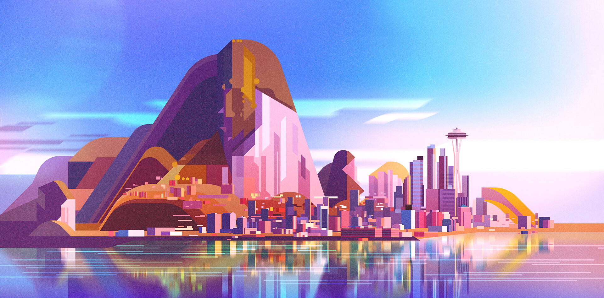 Pink Mountains Water Reflection Sky City Building Skyscraper James Gilleard 1920x949