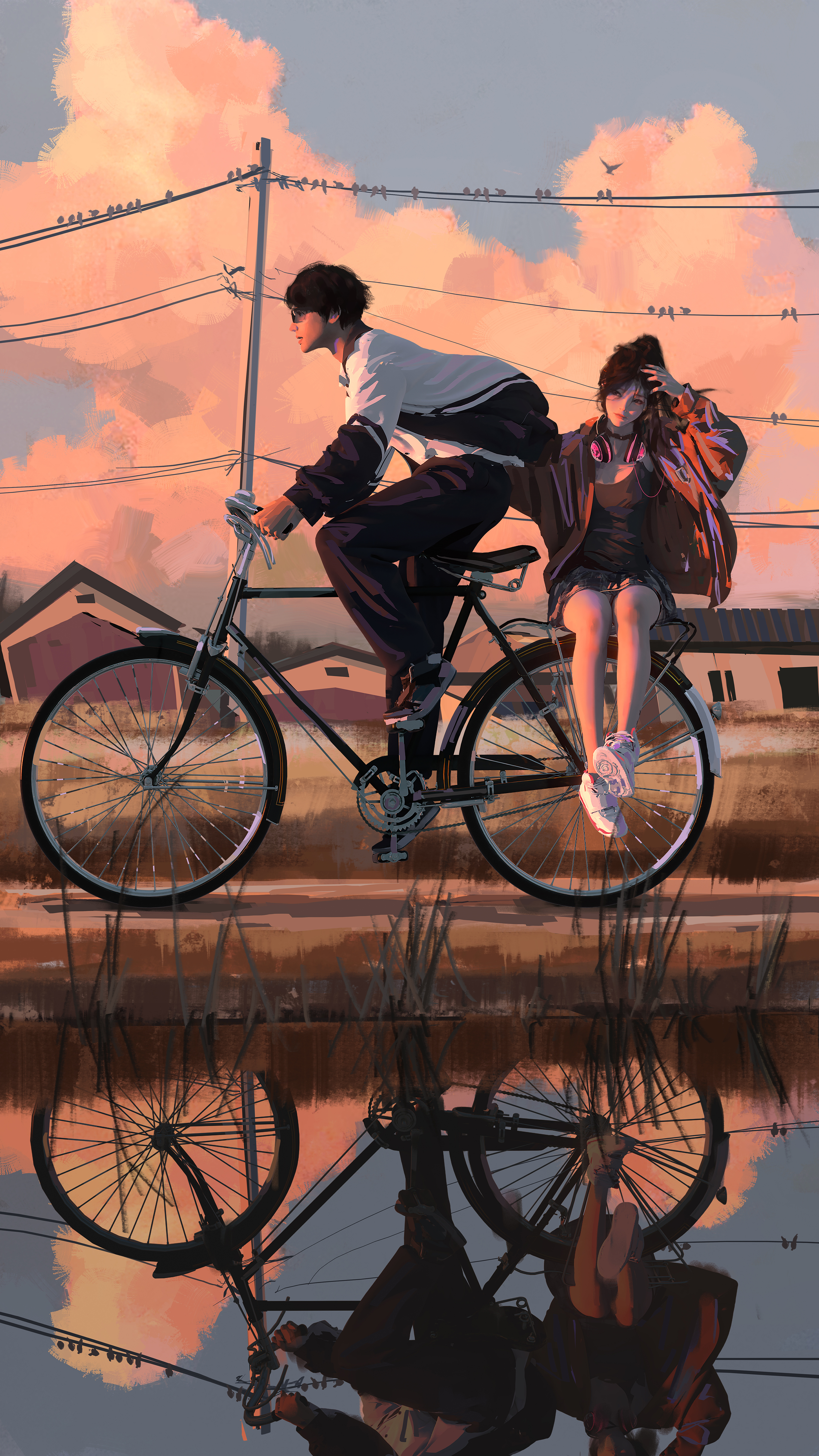 WLOP Digital Art Artwork Illustration Couple Women Men Bicycle Reflection Clouds 2700x4800