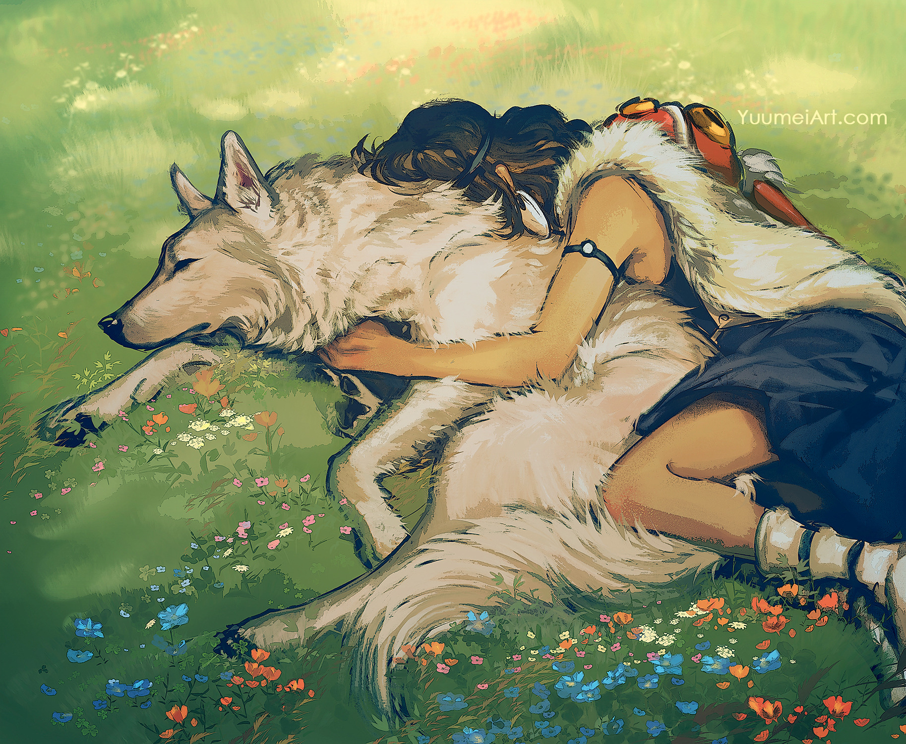 Princess Mononoke Wolf Anime Girls Closed Eyes Sleeping Studio Ghibli Lying On Side Animals Fantasy  1827x1500