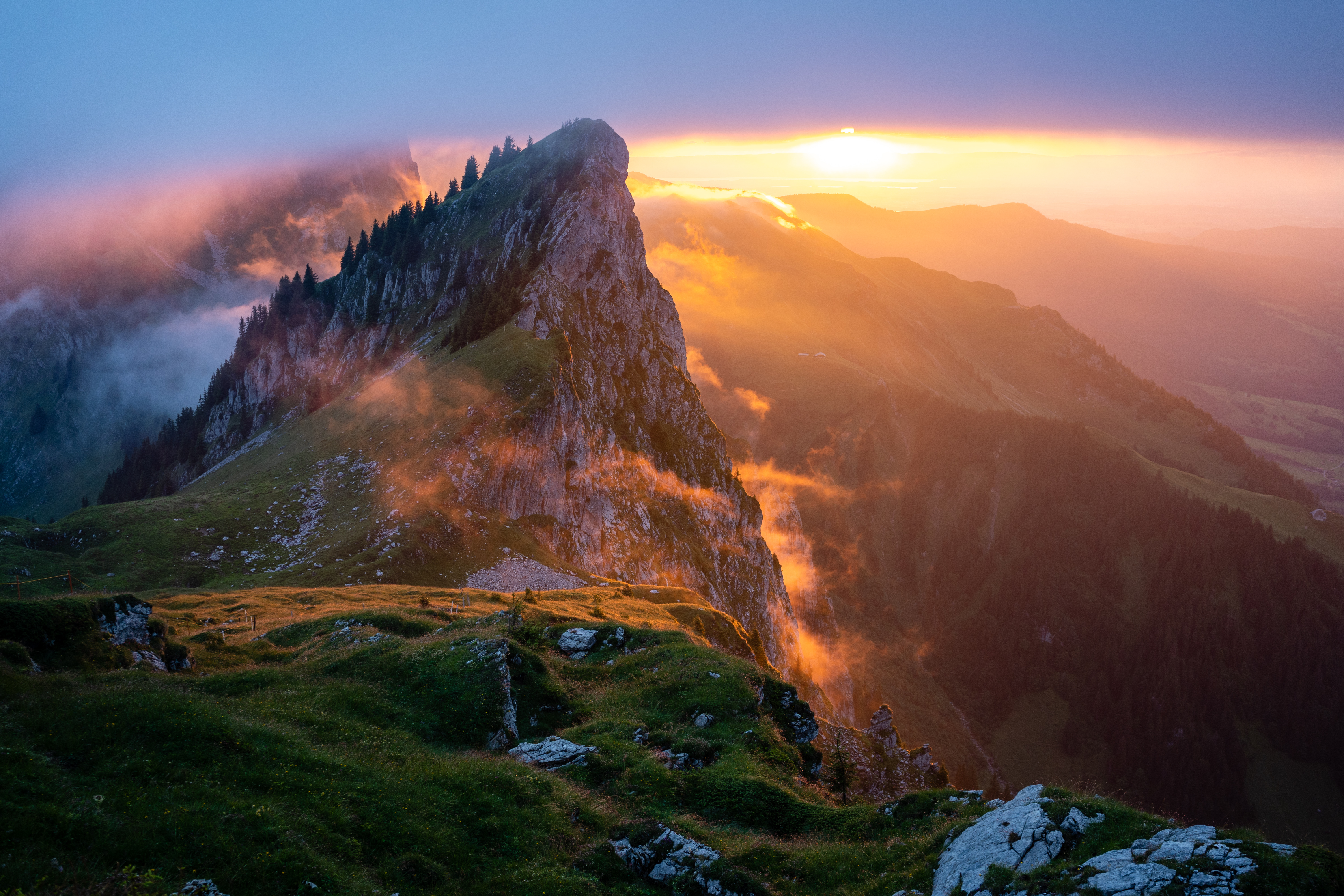 Nature Landscape Mountains Trees Clouds Sky Sunlight Rocks Grass Forest Mountain View Sunrise Switze 6000x4000