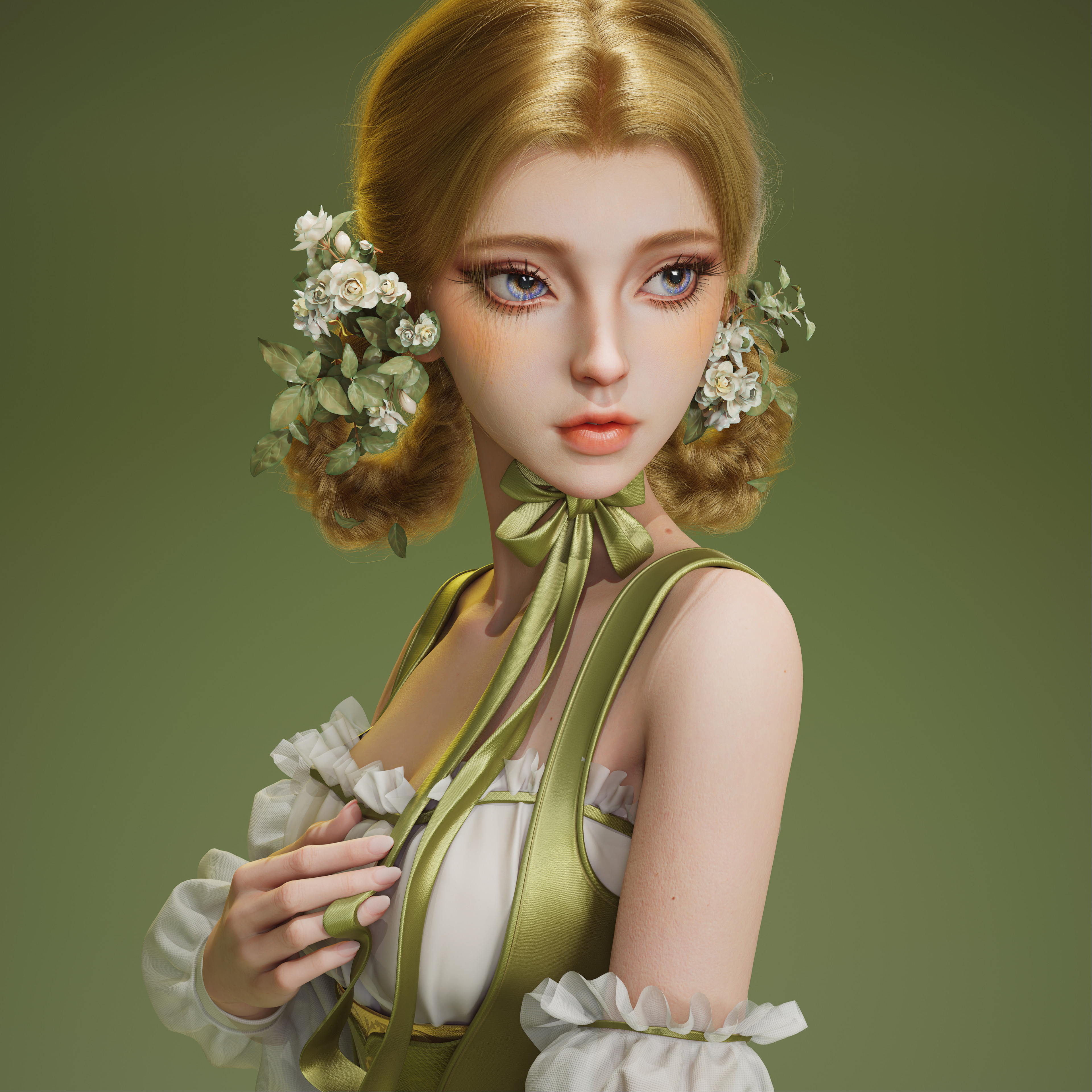 Zheng HongMin CGi Colorful Blonde Flower In Hair Green Background 3840x3840