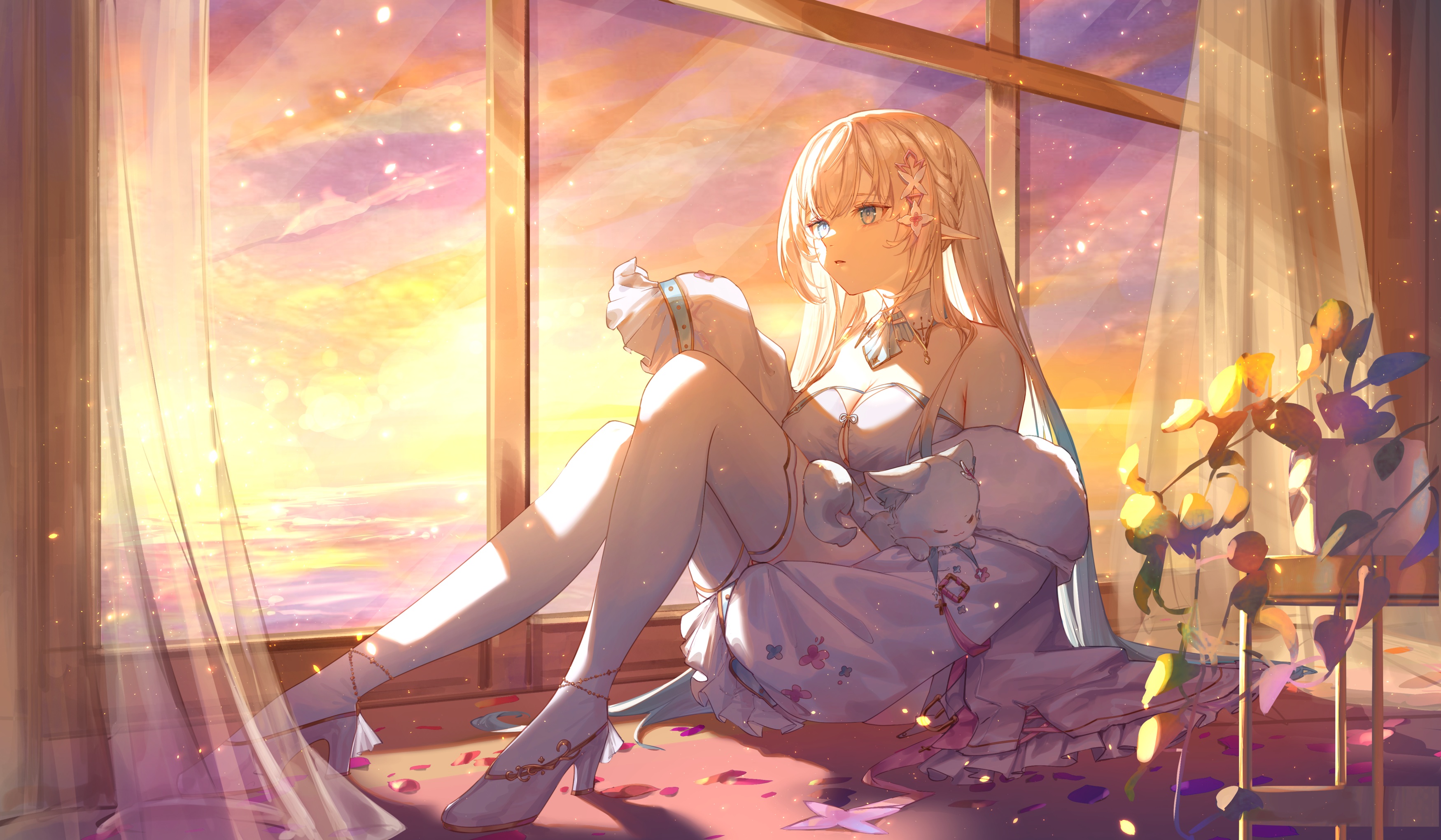 Una Kamra Pointy Ears Looking Away Long Hair Blue Eyes White Dress Sunset White Clothing Parted Lips 3500x2042