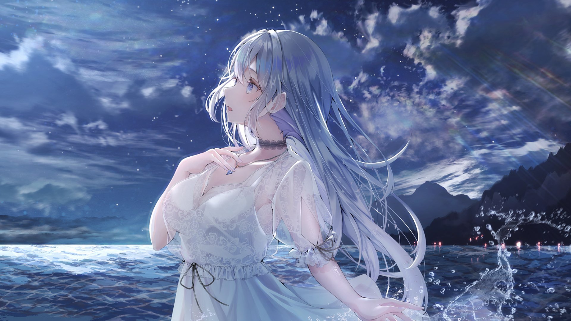 Kasakai Hikaru Long Hair Looking Up White Dress Women Outdoors Clouds Water Aoi Sui Virtual Youtuber 1920x1080