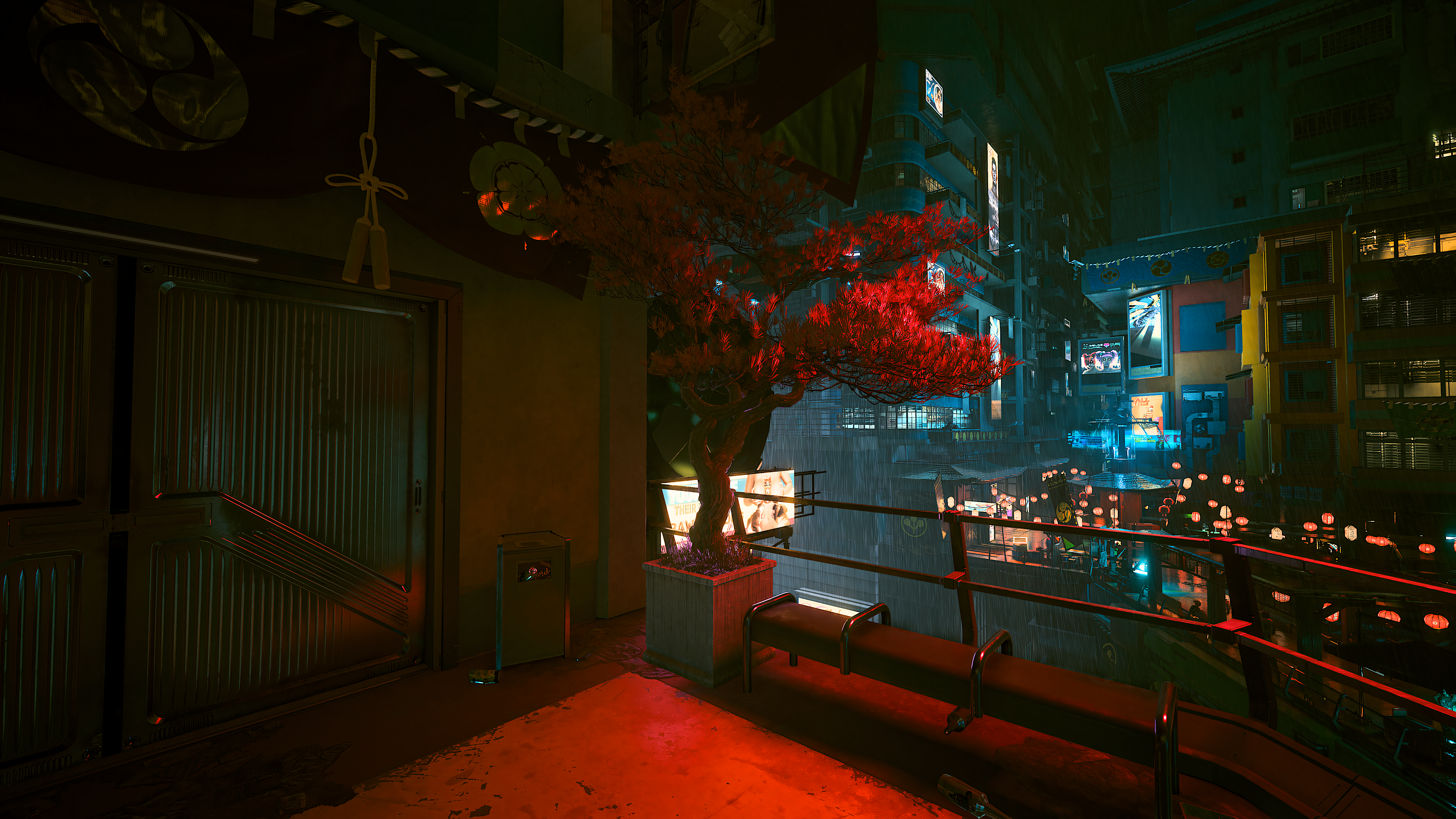 Bonsai Red Lights Neon Door Building Cyberpunk Cyberpunk 2077 Video Game Art Low Light Digital Art 3840x2160