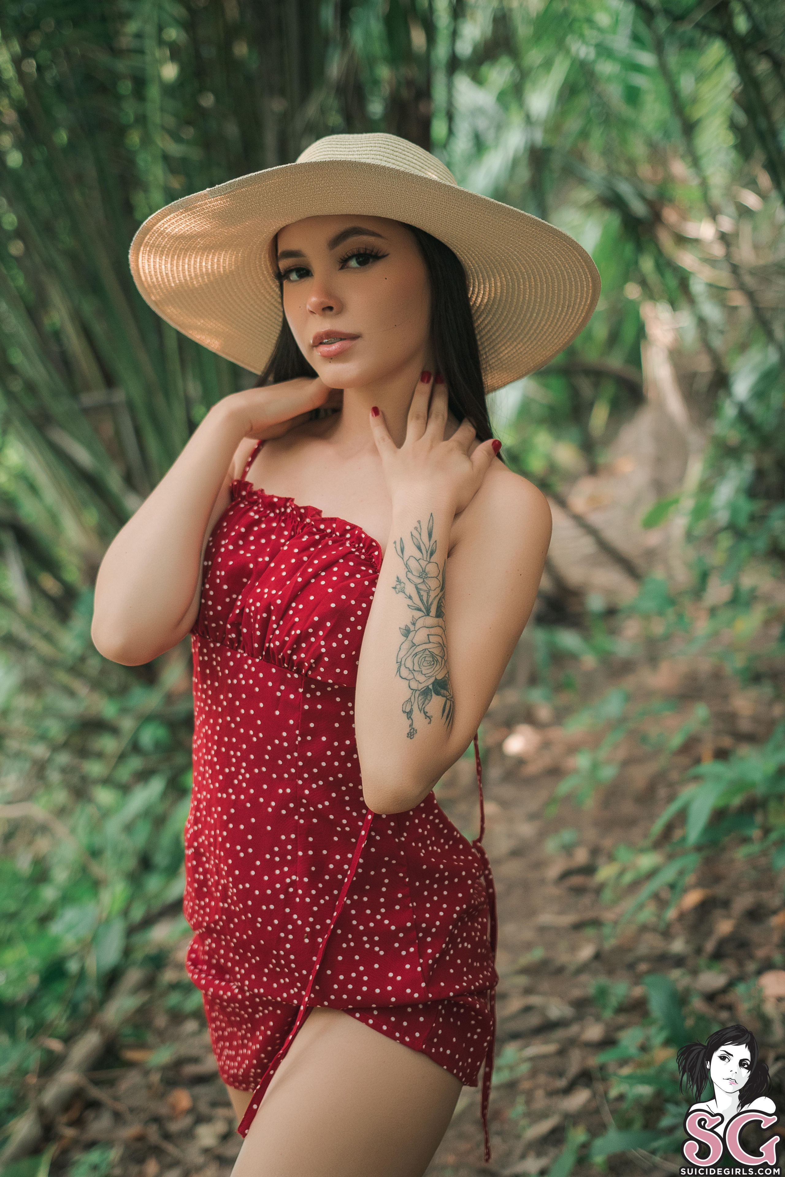 Women Model Portrait Display Brunette Women Outdoors Hat Dress Bare Shoulders Tattoo Red Nails Bokeh 2560x3840