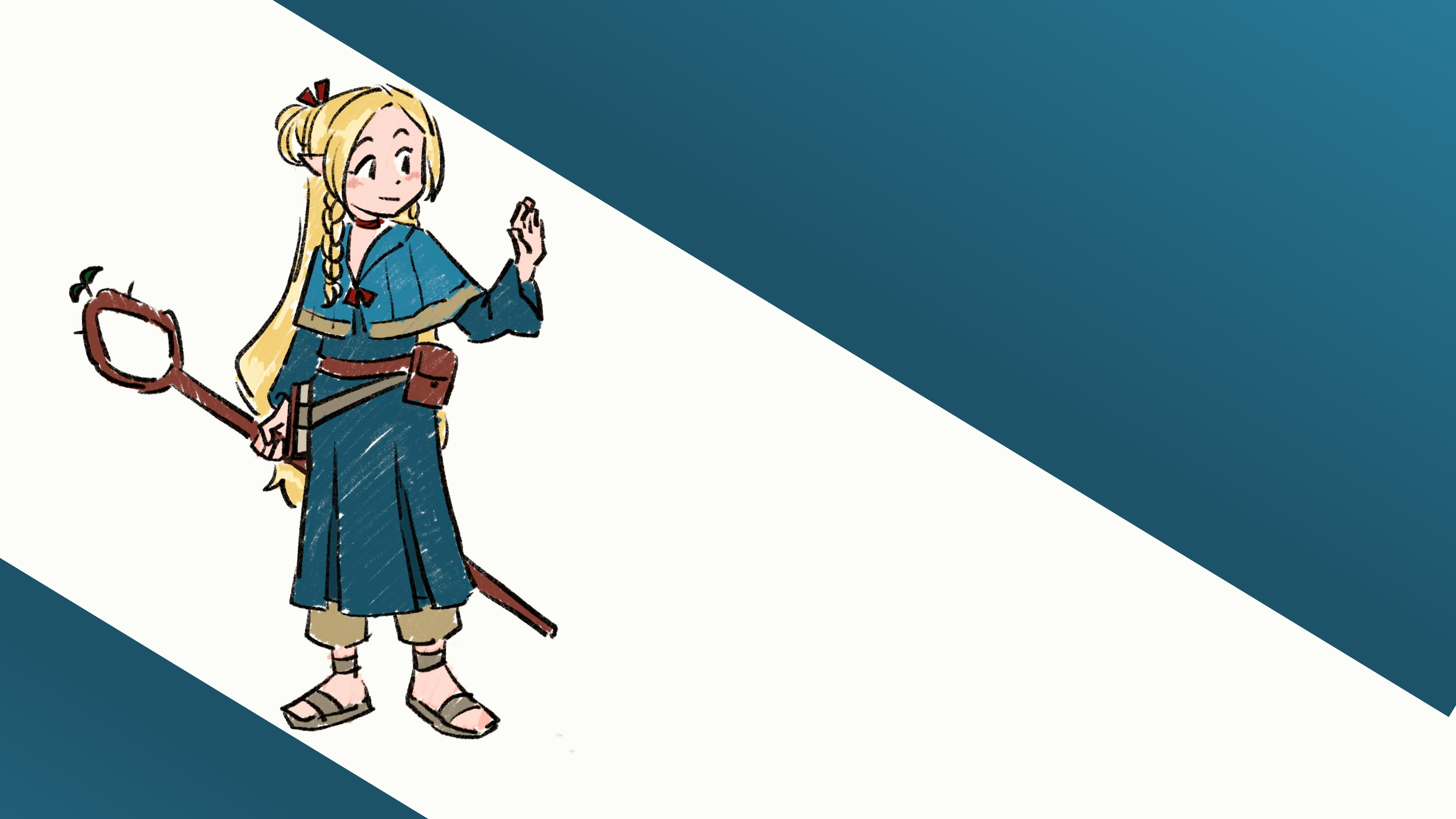 Marcille Donato Simple Background Flip Flops Delicious In Dungeon Robes Staff Blonde Long Hair Braid 3840x2160