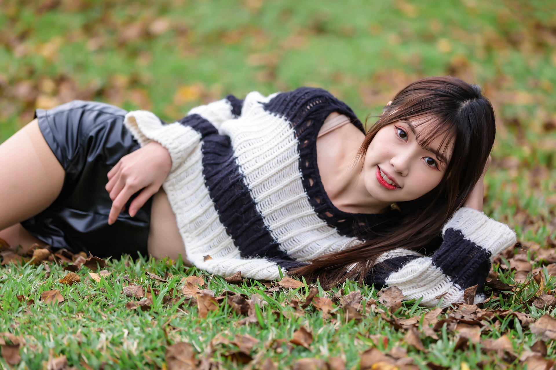 Asian Model Women Lying On Side Grass Pullover Depth Of Field Leaves 1920x1280