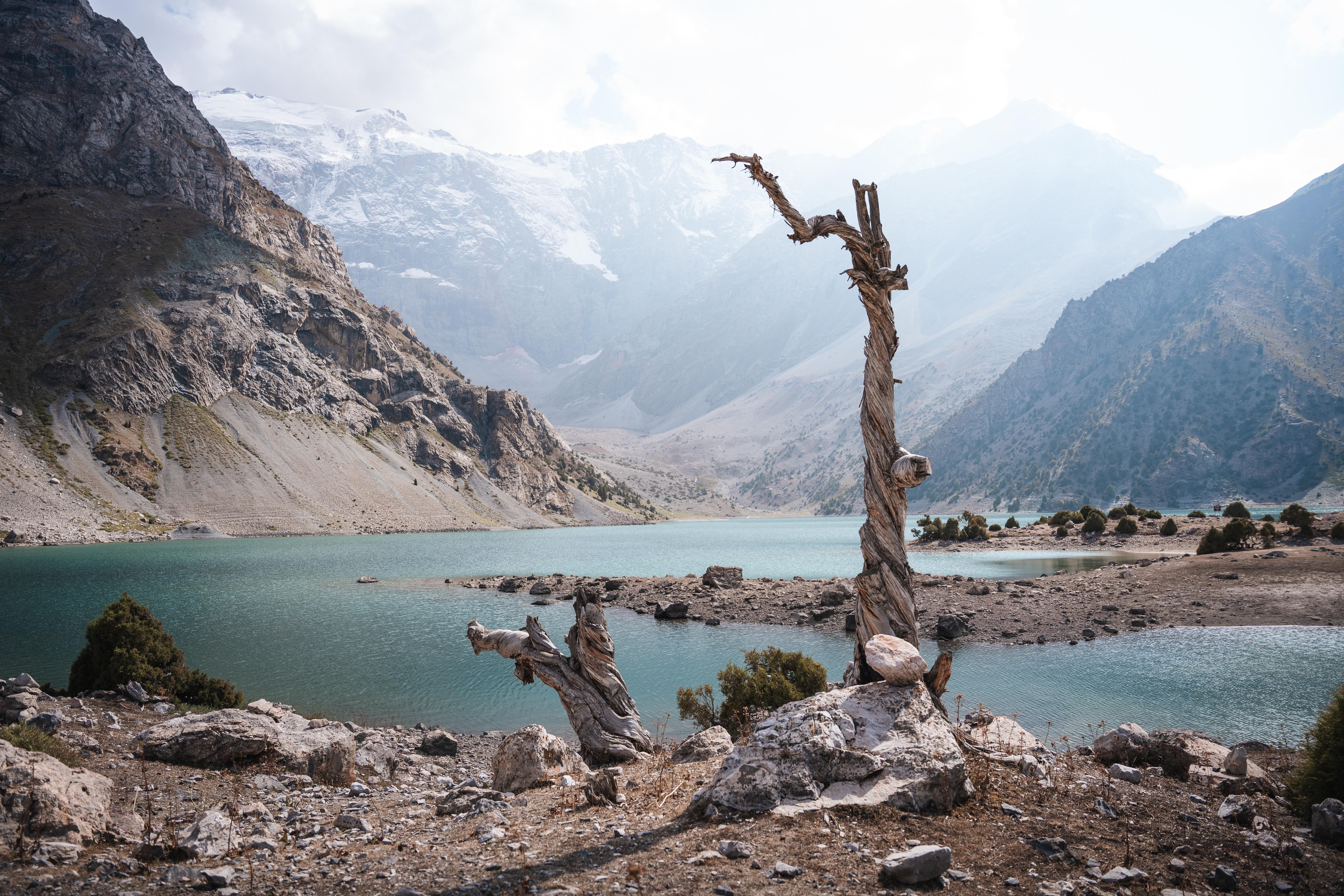 Landscape Nature Lake Mountains Valley Forest Rocks Gravel Tajikistan Asia Shrubs 6000x4000