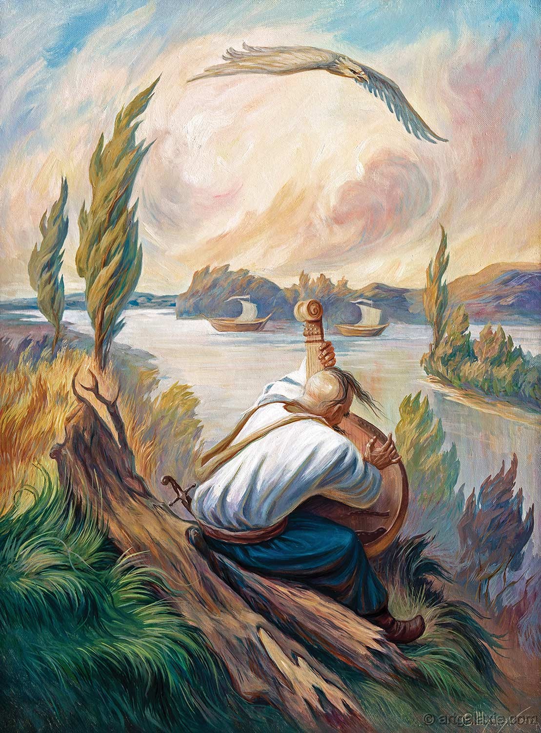 Artwork Painting Optical Illusion Face Oleg Shupliak Moustache Birds Nature Boat Men Wood River Clou 1109x1500