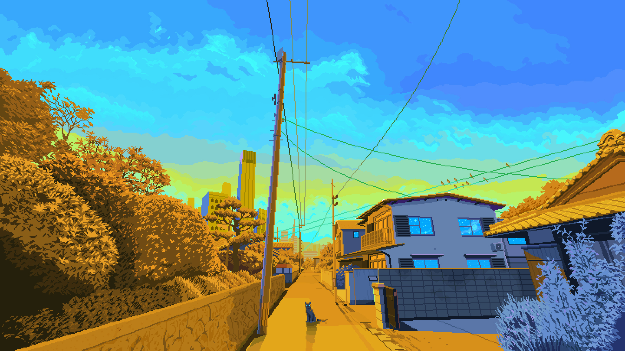 Digital Art Artwork Illustration Pixels Pixel Art Japan Street Sunset Plants Cats Animals House Sunl 2160x1215