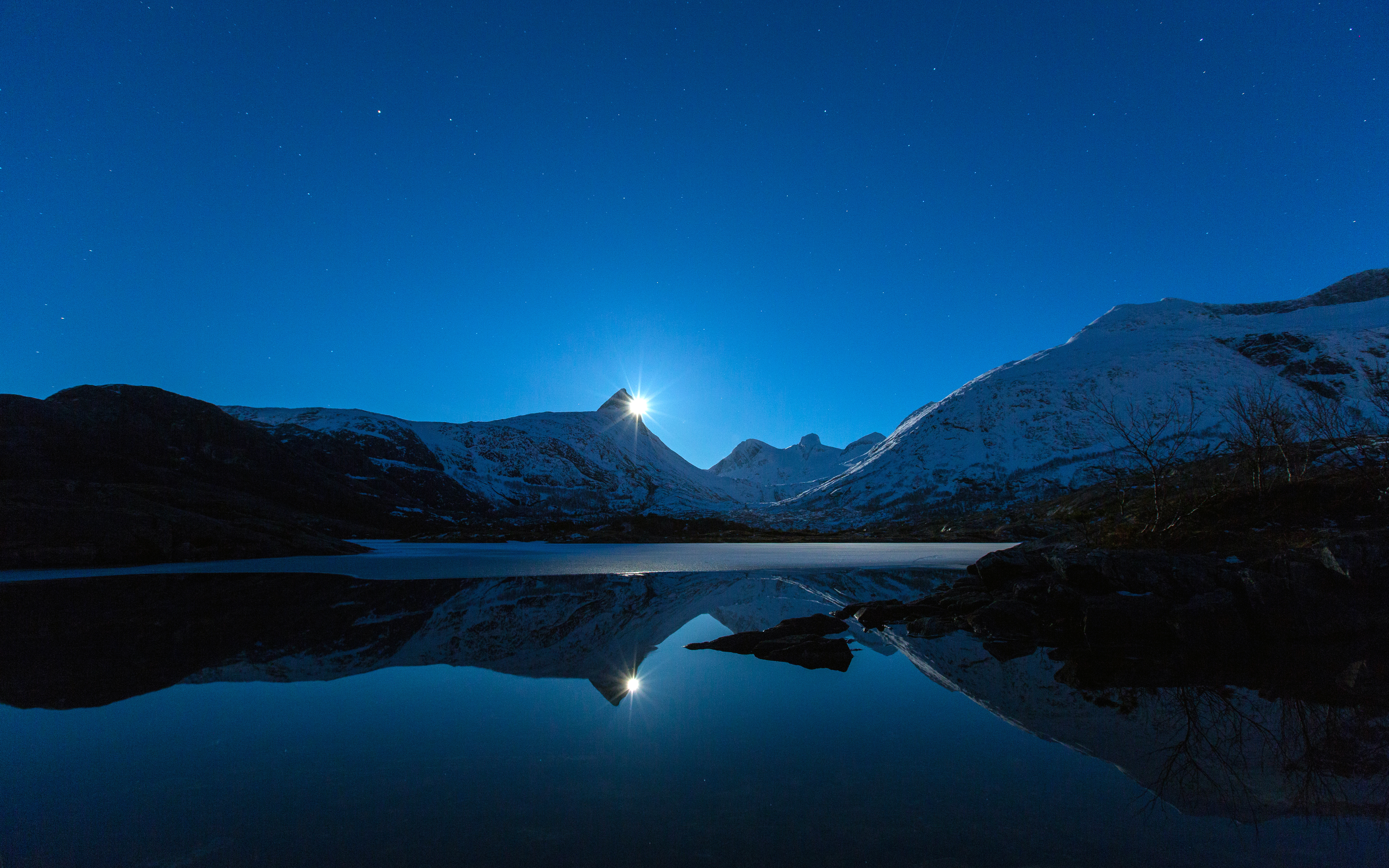 Nature Landscape Clear Sky Night Hills Moon Moonlight Reflection Ice Lake Low Light Mountains Snowy  5120x3200
