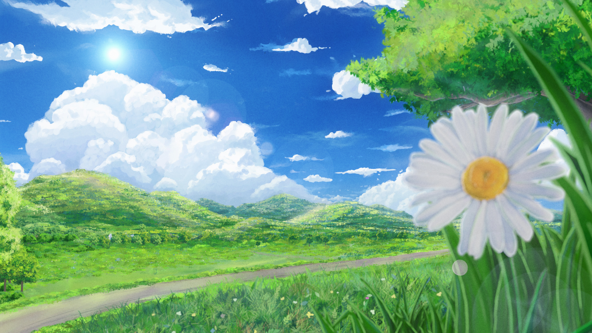 Digital Art Illustration Artwork Animation Field Outdoors Nature Landscape Grass Clouds Sky Flowers  1920x1080
