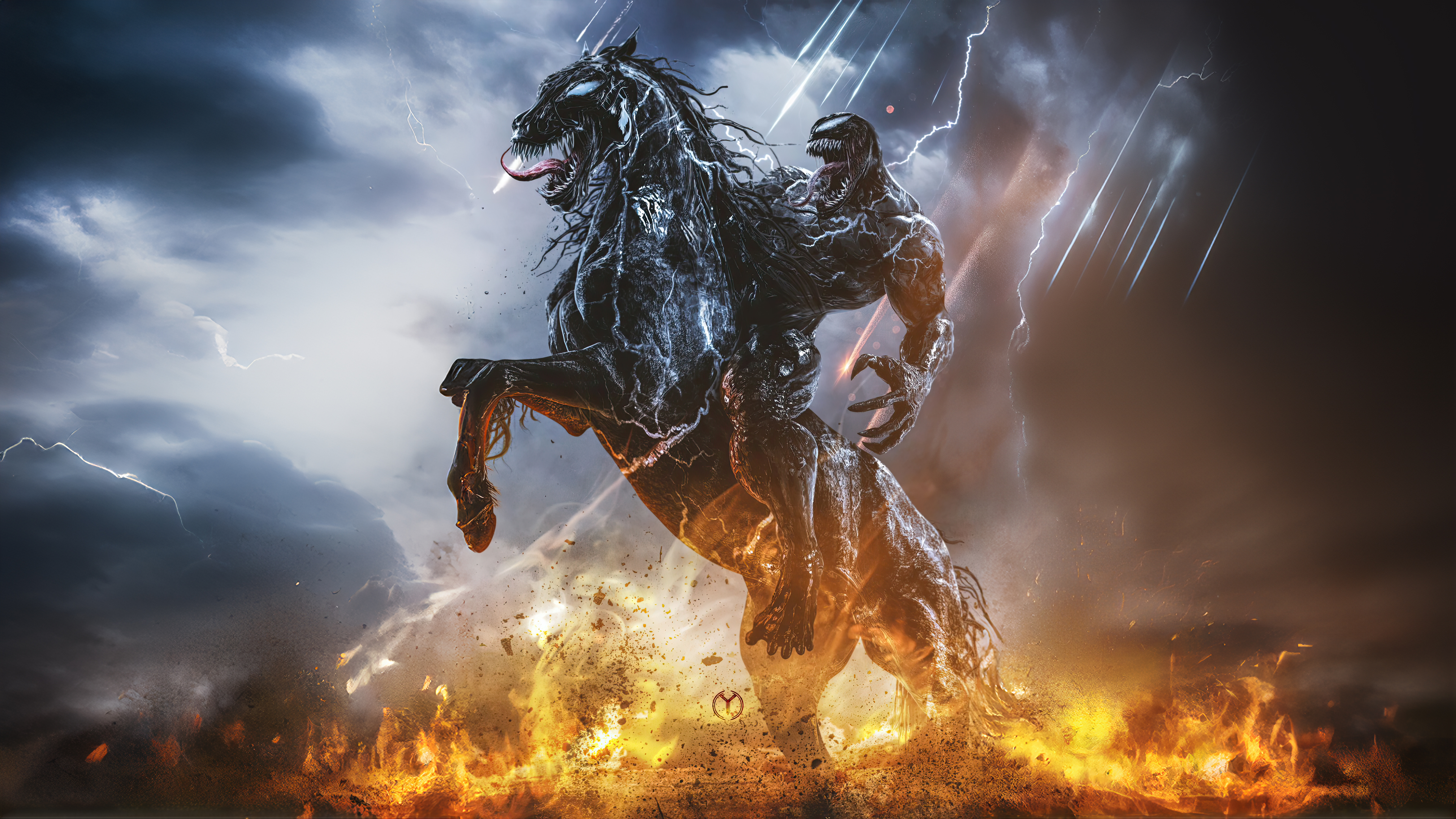 Venom Horse Riding Fire Artwork Digital Art Lightning 3840x2160
