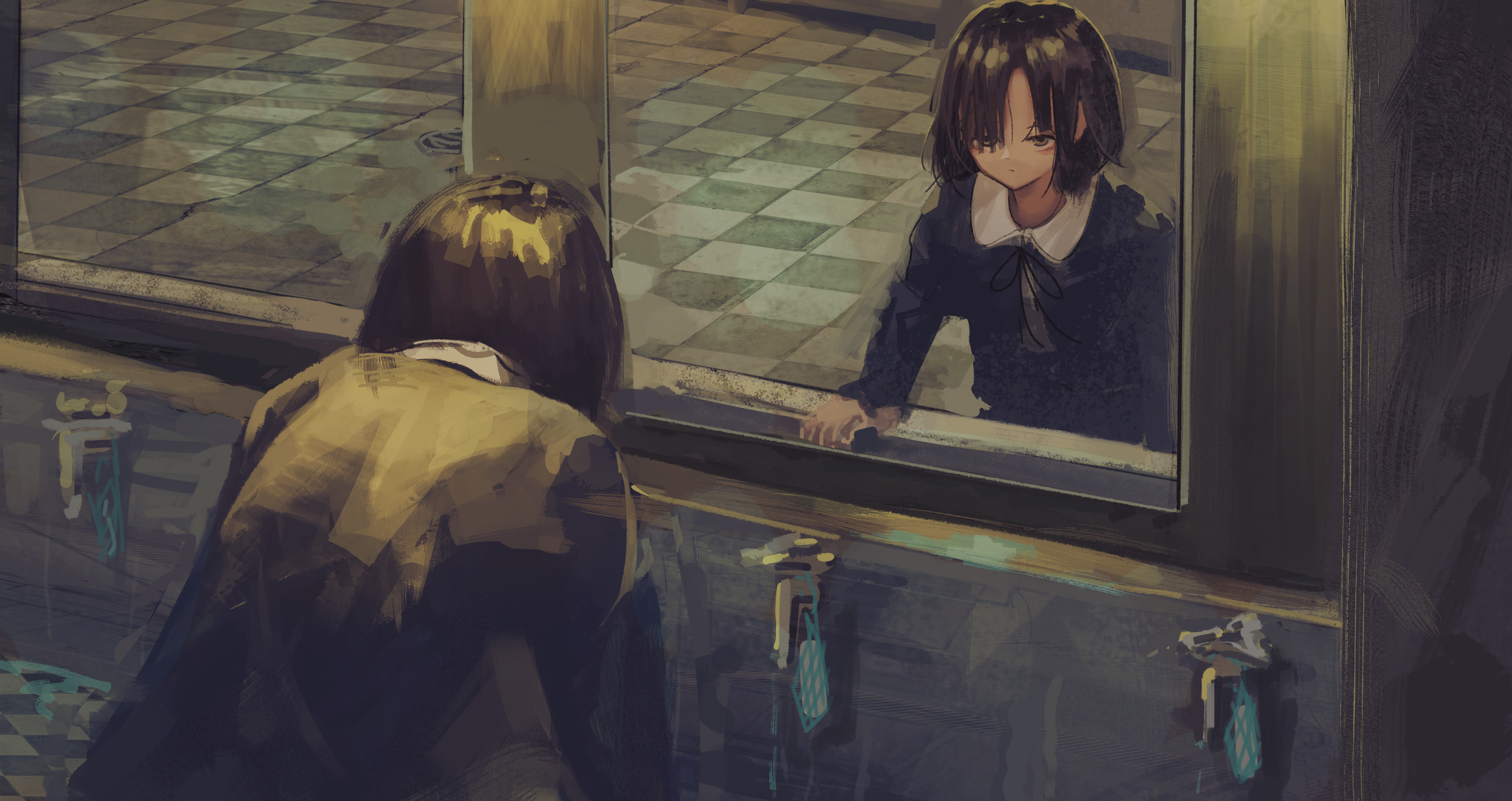 Anime Anime Girls Sad Mirror Restroom Sink 4093x2168