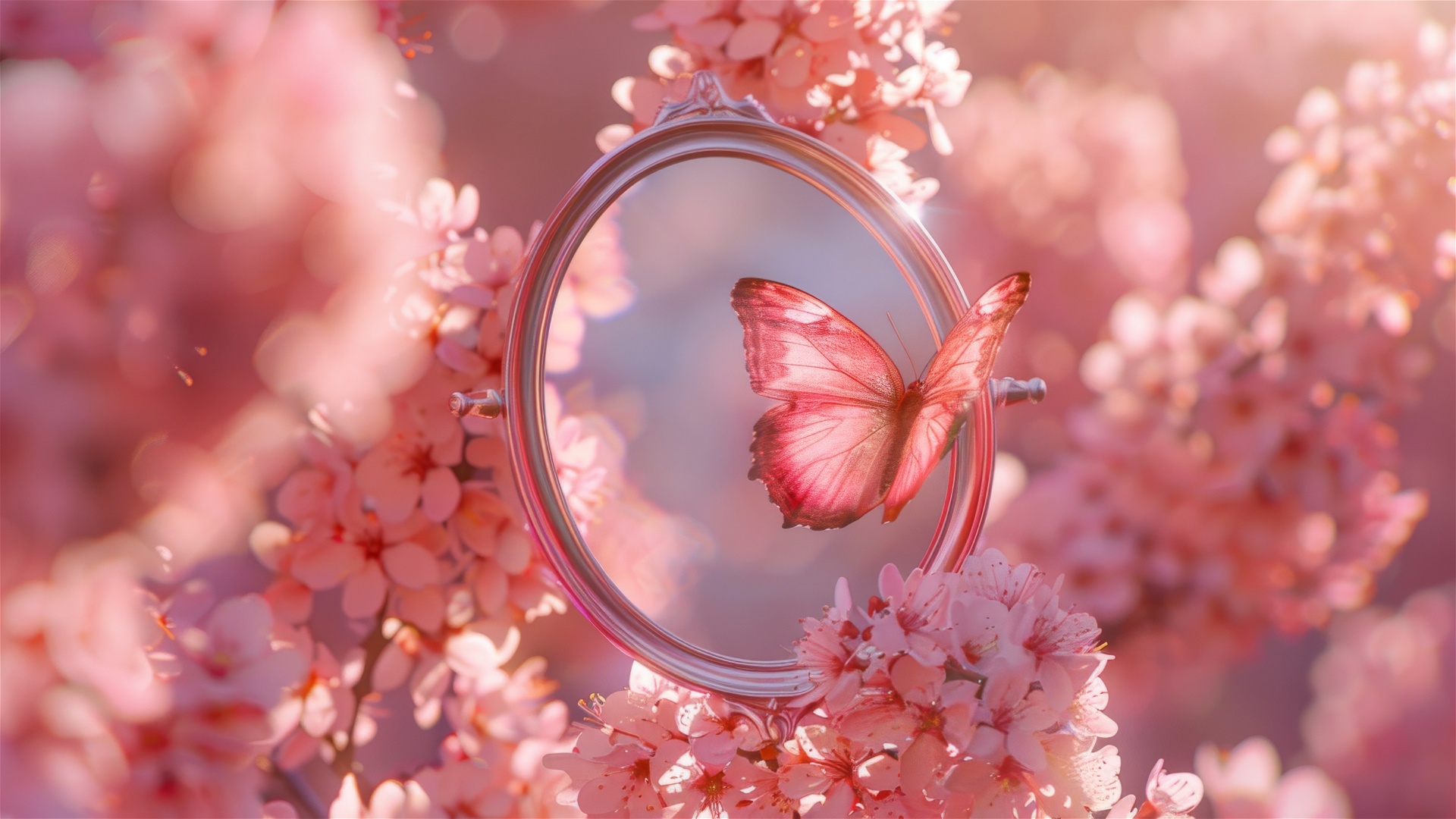 Mirror Pink Cherry Blossom Butterfly White 1920x1080