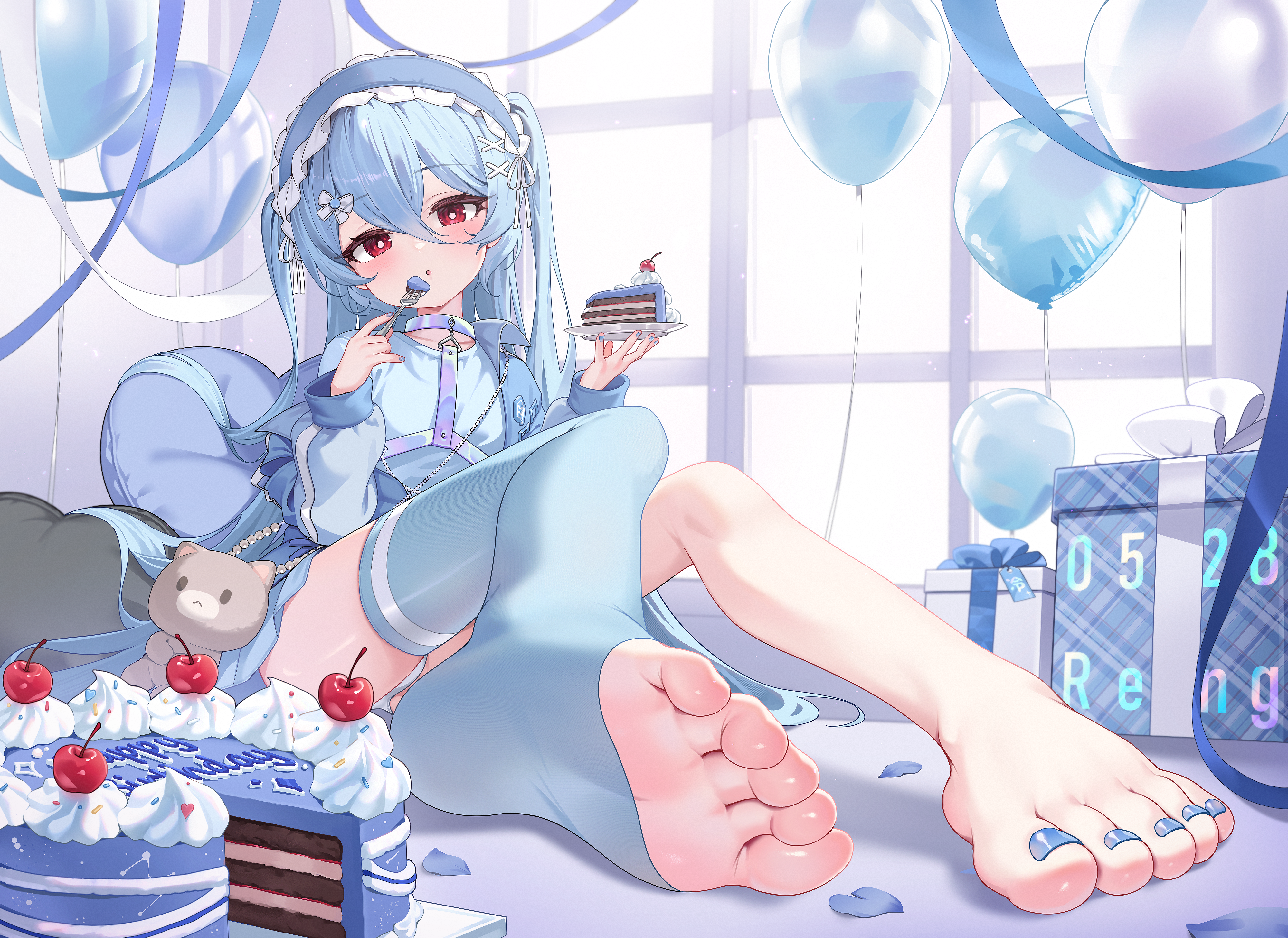 Anime Anime Girls Hectyne Toes Feet Blue Hair Red Eyes Sitting Barefoot 4000x2916