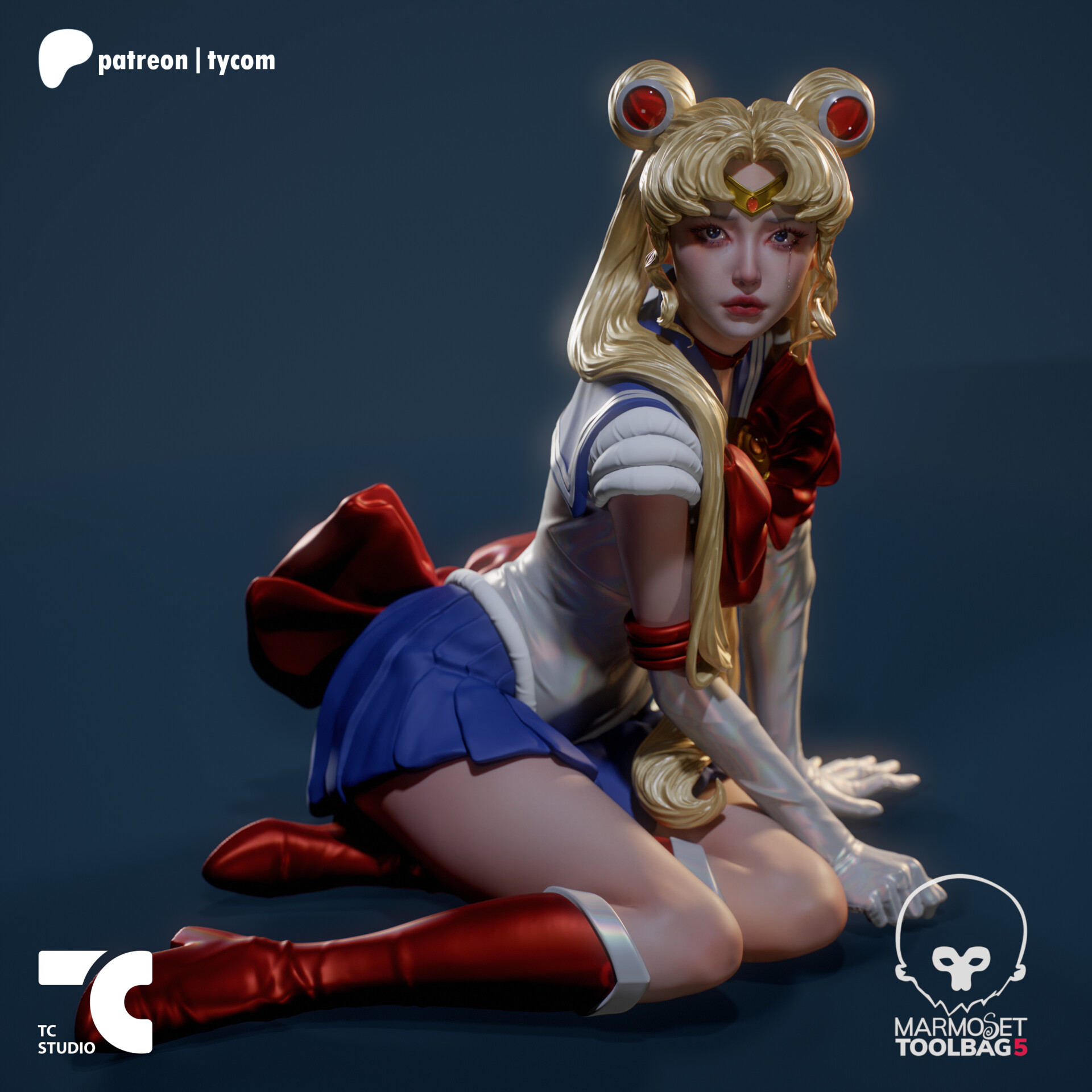 Anh Tran CGi Women Sailor Moon Crying Simple Background Blonde Hairbun Red Lipstick Boots 1920x1920