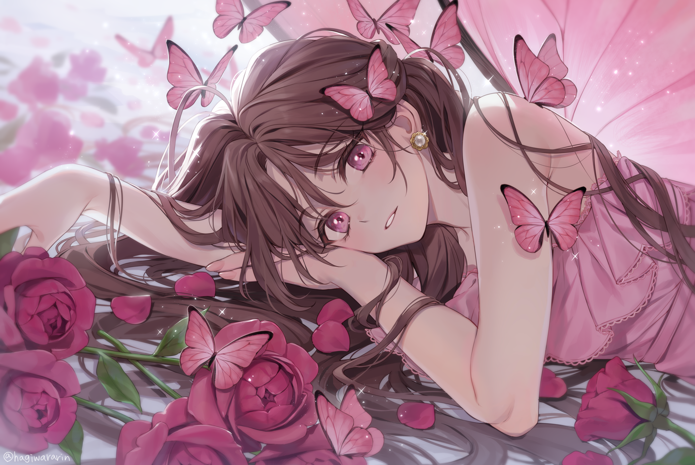 Hagiwara Rin Lying Down Looking At Viewer Flowers Pink Flowers Parted Lips Pink Eyes Pink Dress Brun 1434x960