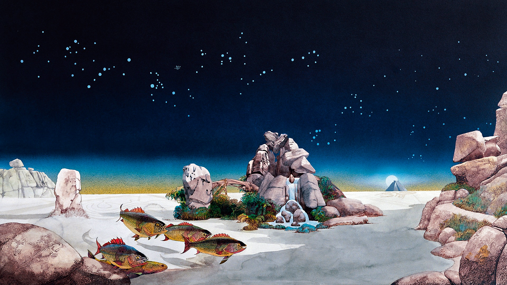 Roger Dean Yes Surreal Landscape Fish Waterfall Night Sky Artwork Cover Art Album Covers Progressive 1920x1080