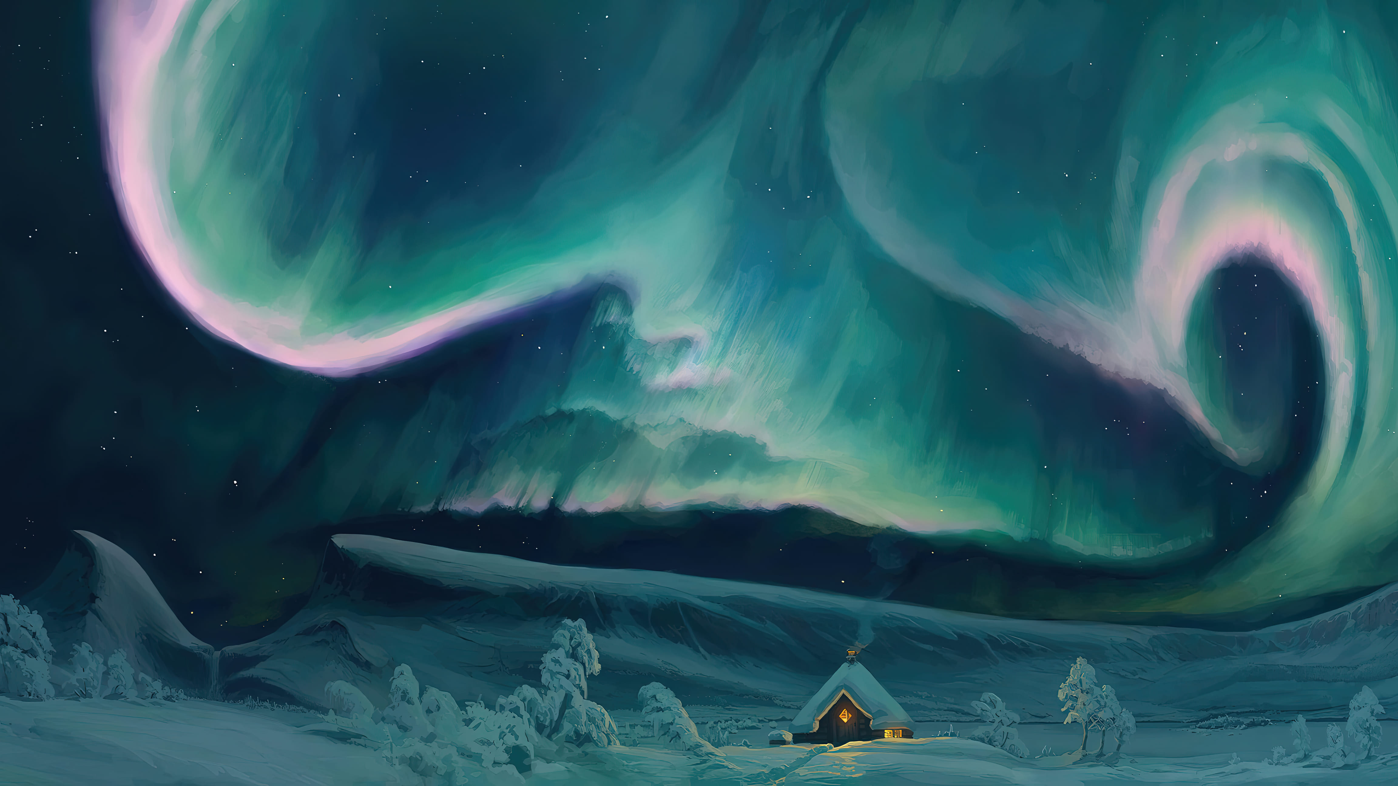 Digital Art Painting Drawing Snow Aurorae Stars 4608x2592