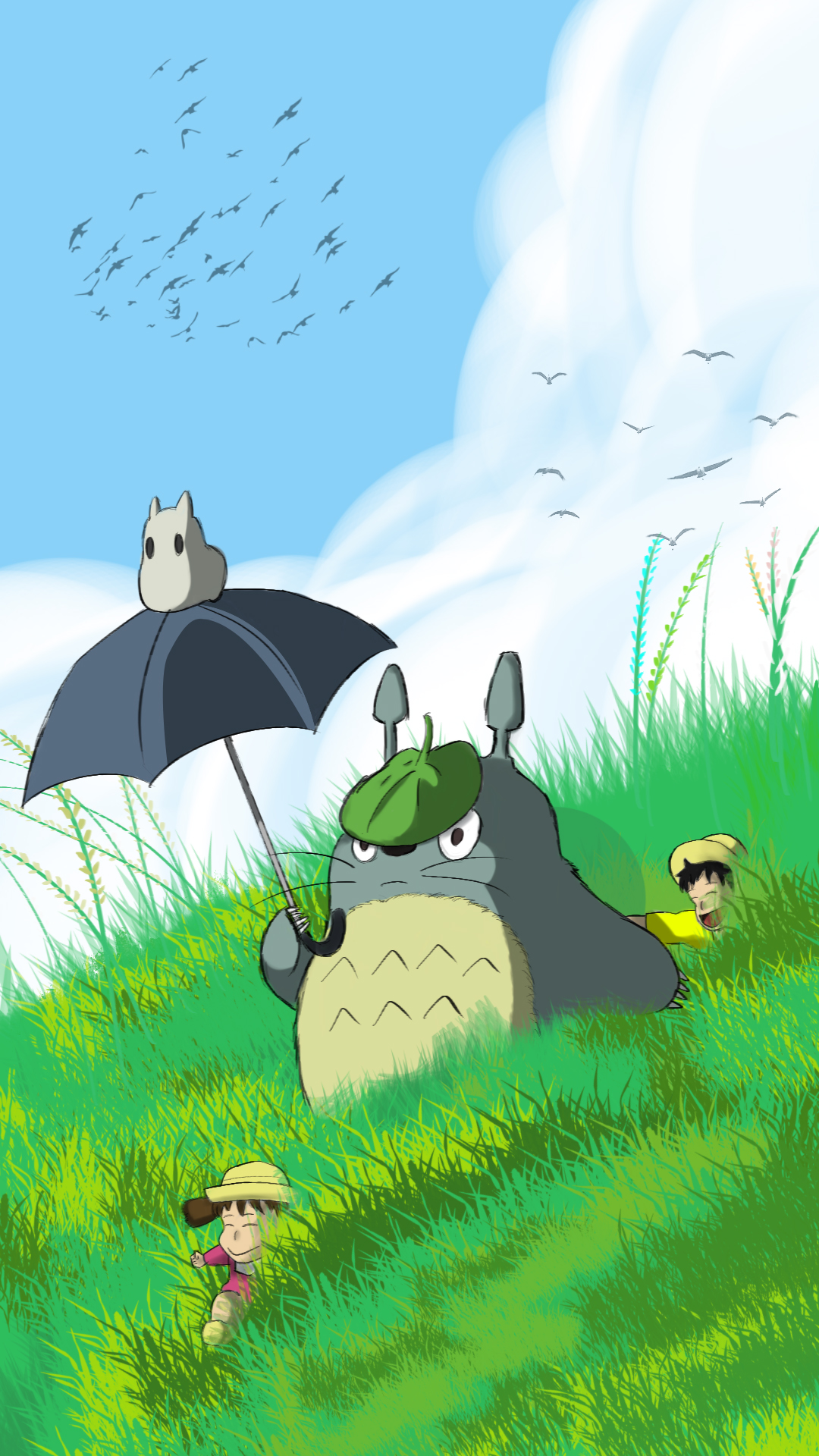 Totoro Daybreak Children Umbrella Anime Creatures Hills 1080x1920