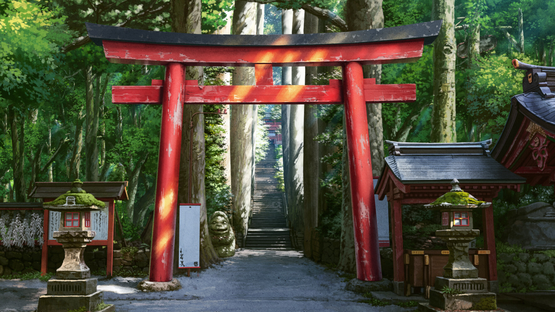 Shrine Statue Stairs Stone Stairs Forest Trees Moss Torii Digital Art 1920x1080