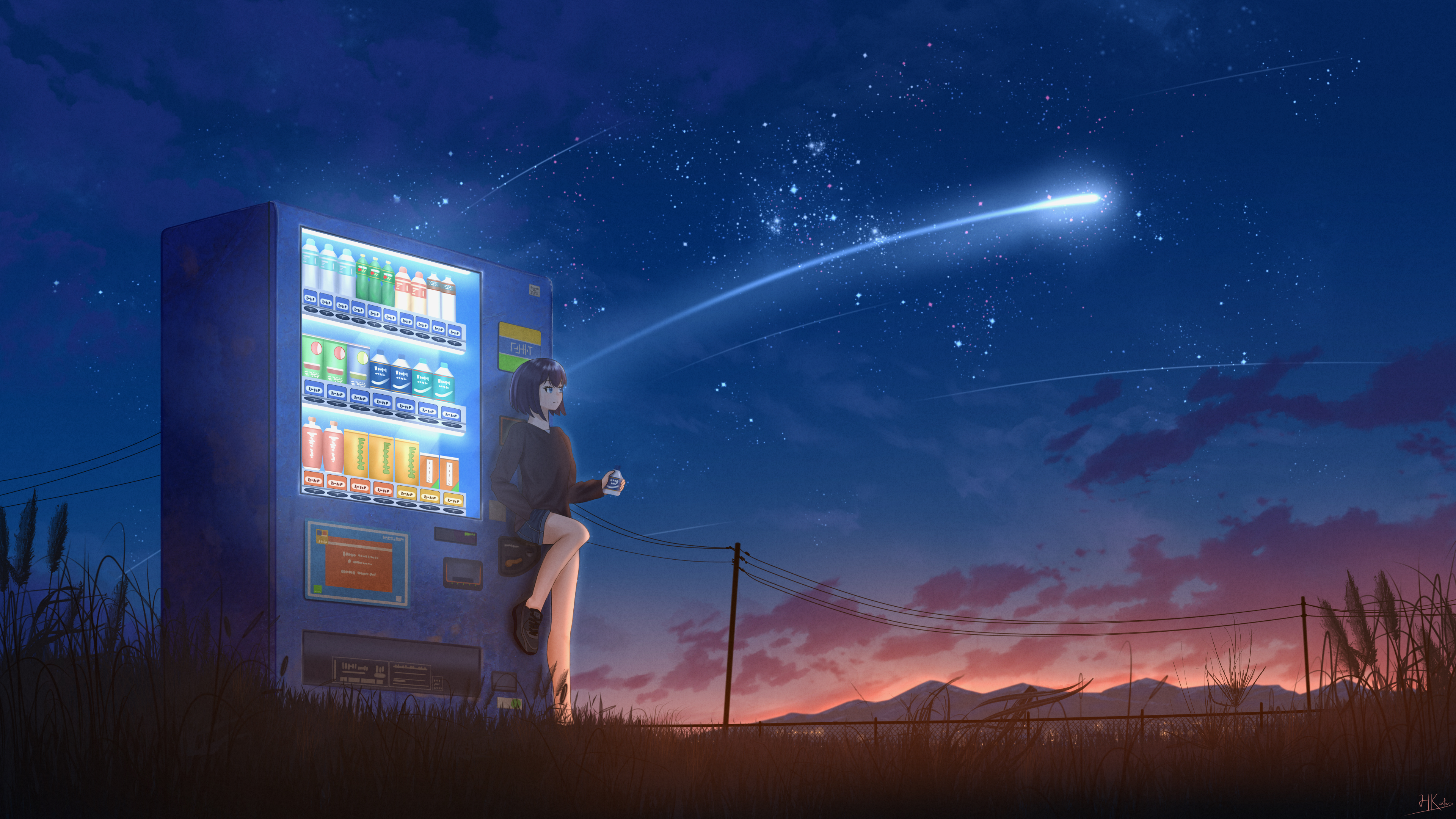 Artwork Anime Anime Girls Short Hair Fantasy Art Illustration Stars Sky Grass Night Meteor Streak Po 3840x2160