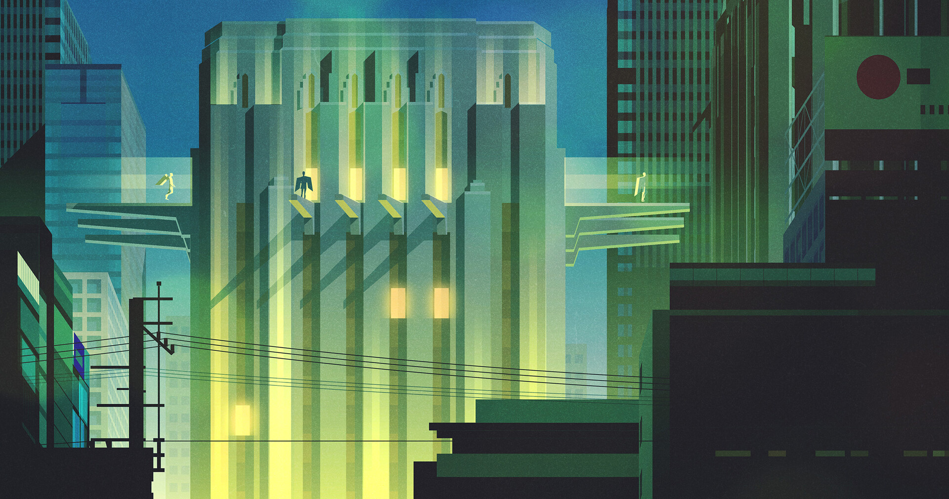 Night City Power Lines Japanese Flag Building Green James Gilleard 1920x1010