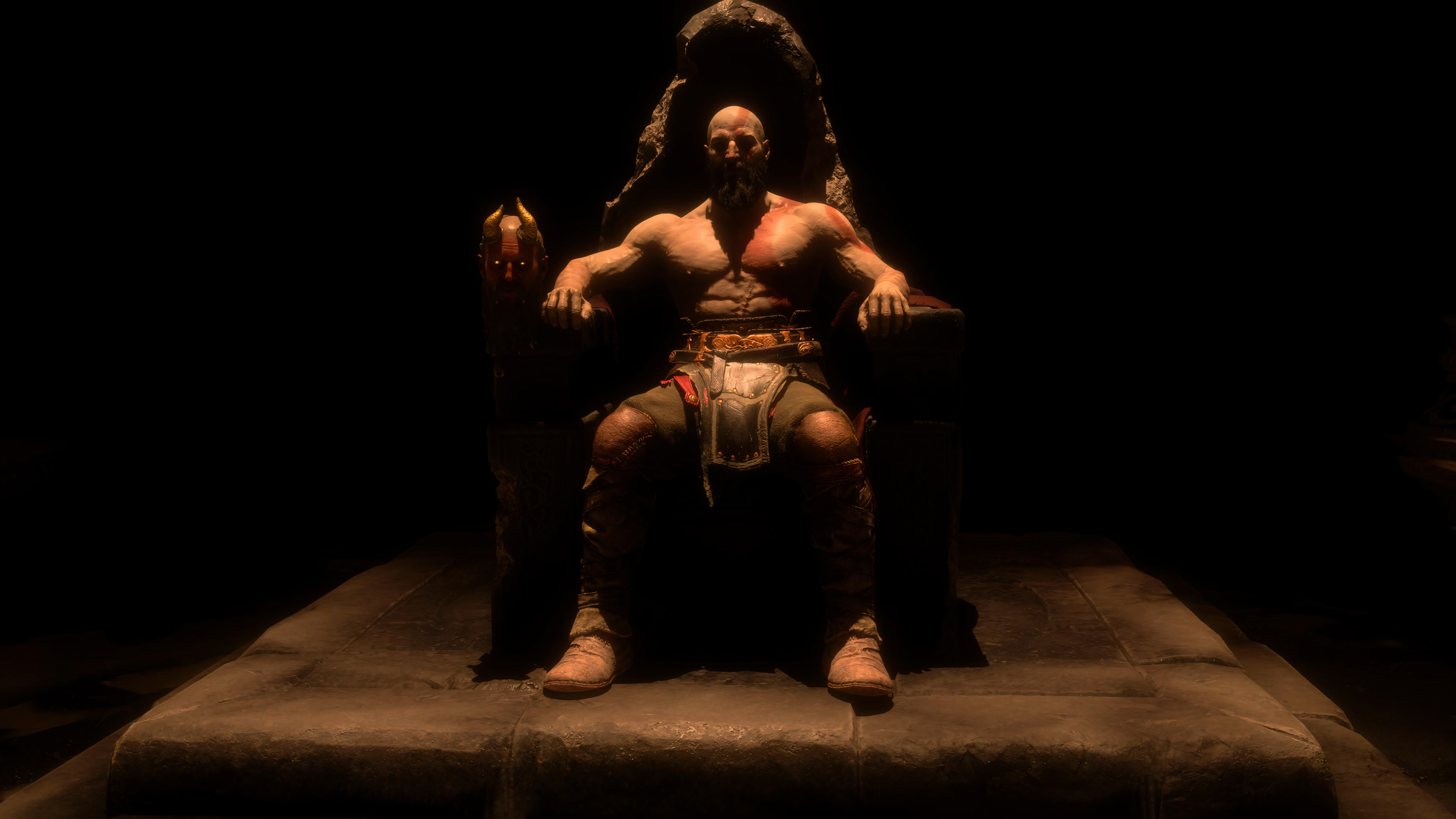 God Of War God Of War Ragnarok PlayStation Kratos Throne Mimir Dark Background Video Games 3840x2160