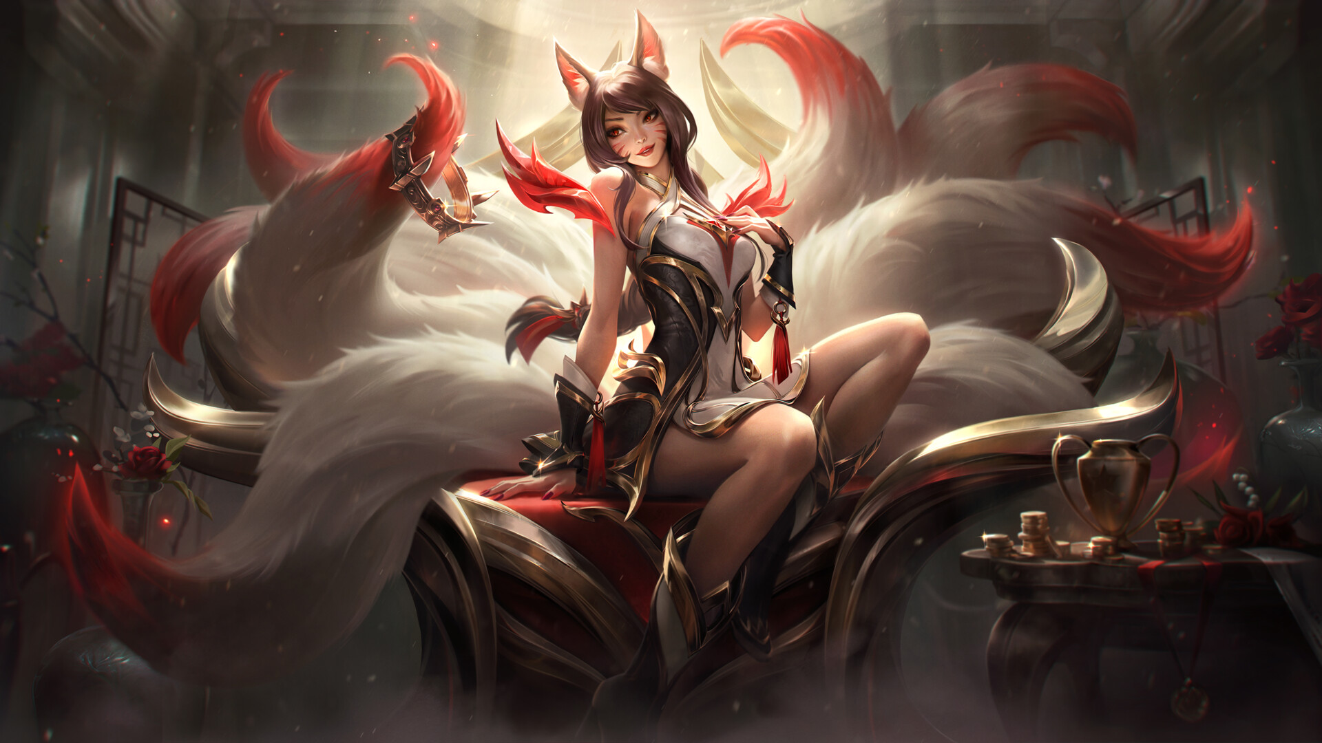 Terence Cantal Drawing Ahri League Of Legends Fox Girl Crown Gold Coins 1920x1080