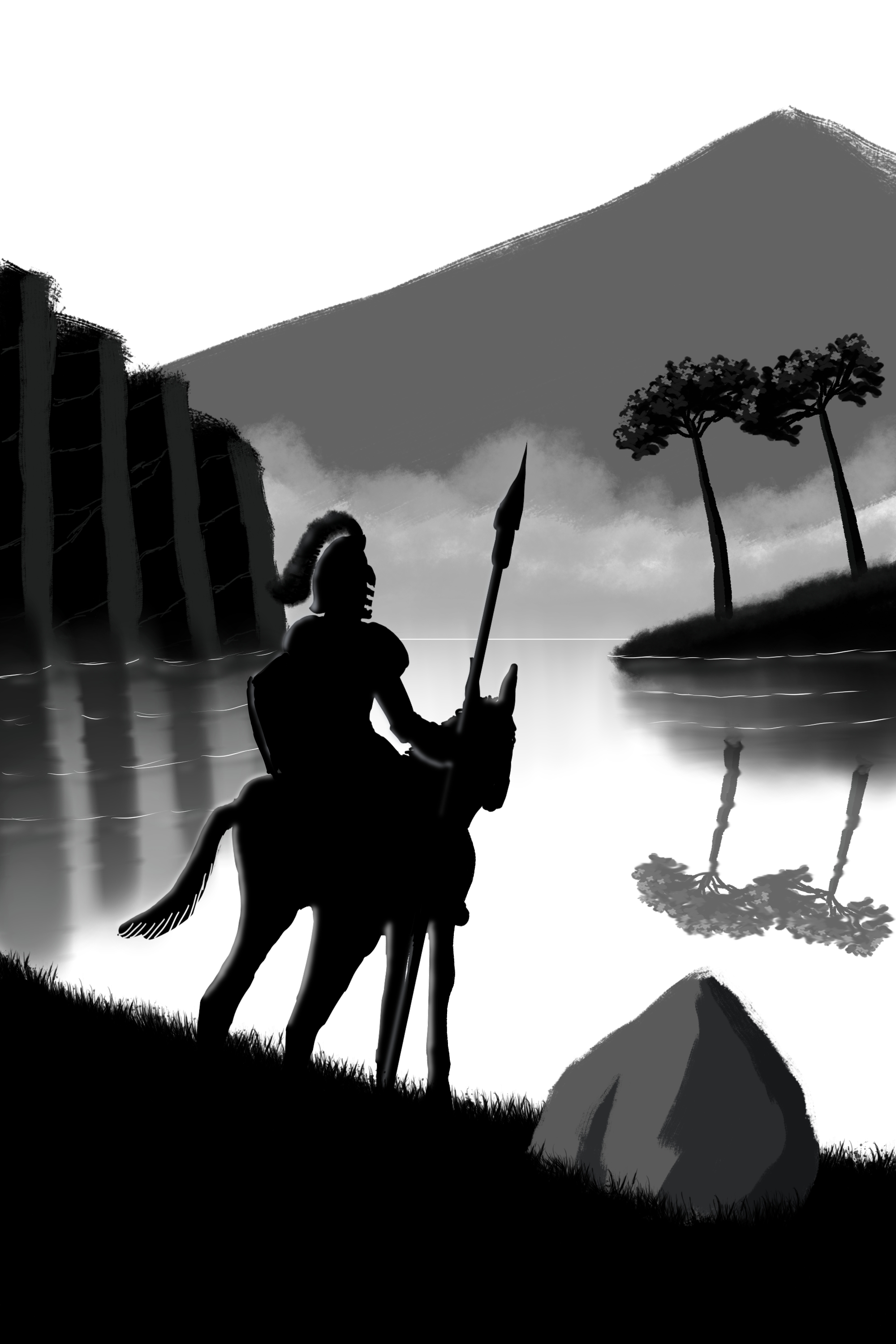 Knight Horse Lake Water Fog Mountains Trees Grass Shield Spear Helmet 2000x3000