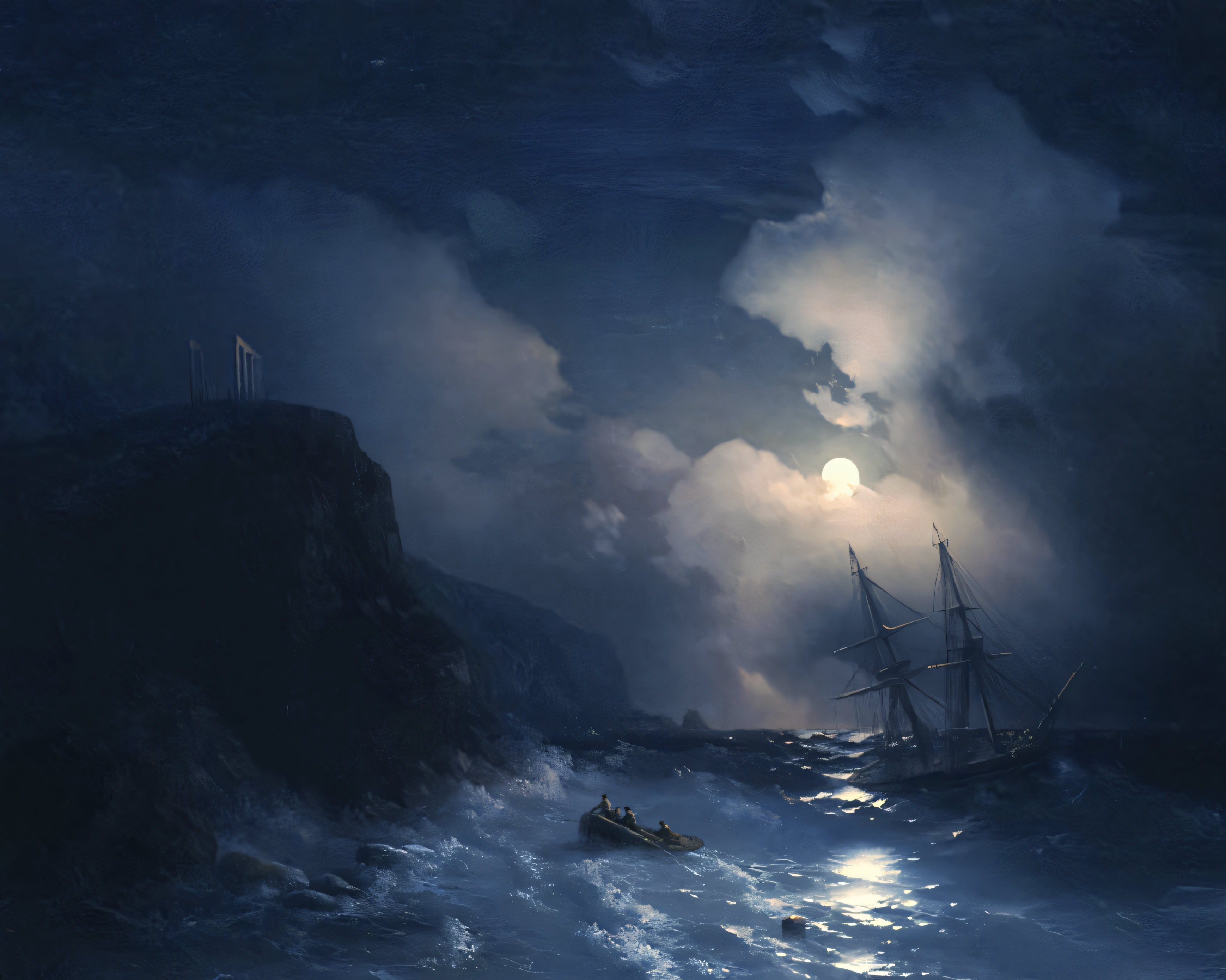 Ivan Aivazovsky Seashore Sea Ruins Cliff Oil On Canvas Oil Painting Rowboat Boat Moonlight Dusk Nigh 3477x2780