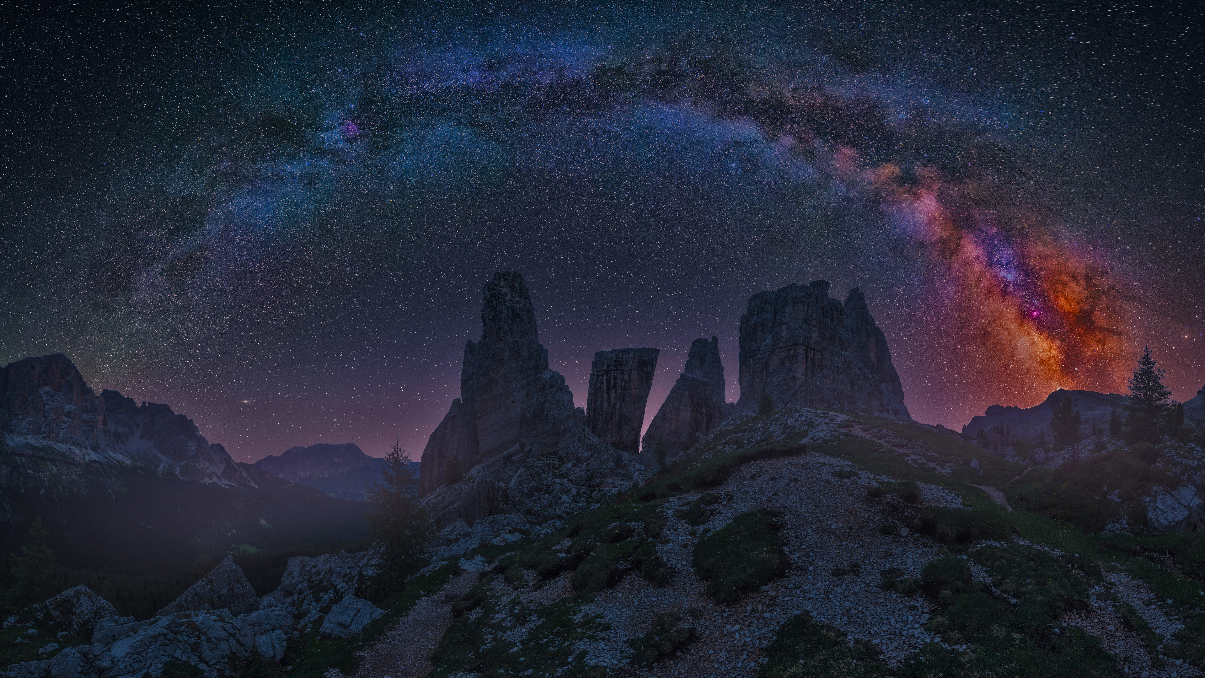 Nature Landscape Low Light Mountains Grass Rocks Dust Milky Way Night Stars Dolomites 3840x2160