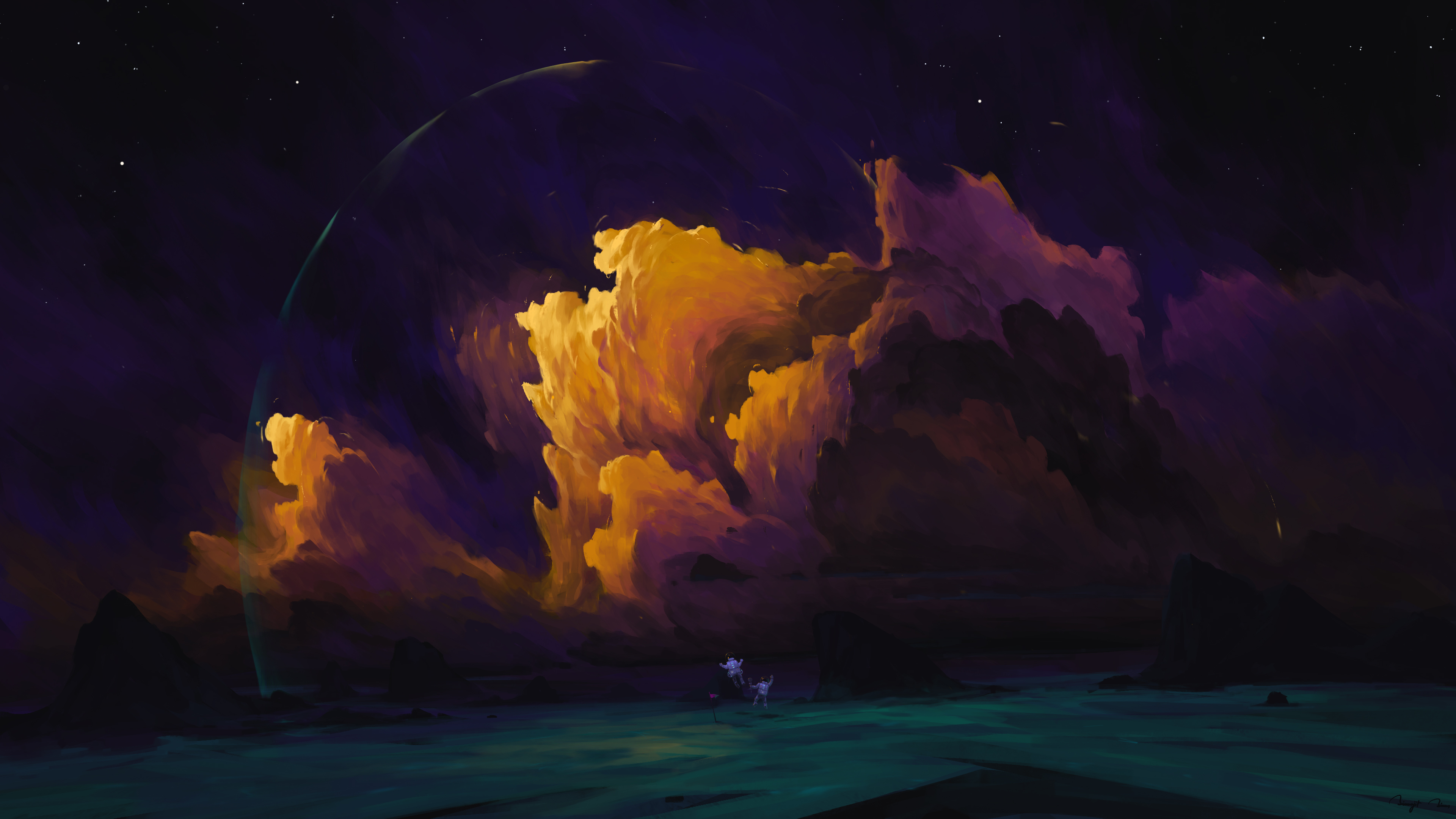 BisBiswas Digital Art Artwork Illustration Landscape Clouds Night Nightscape Sky Stars Astronaut Sig 3840x2160
