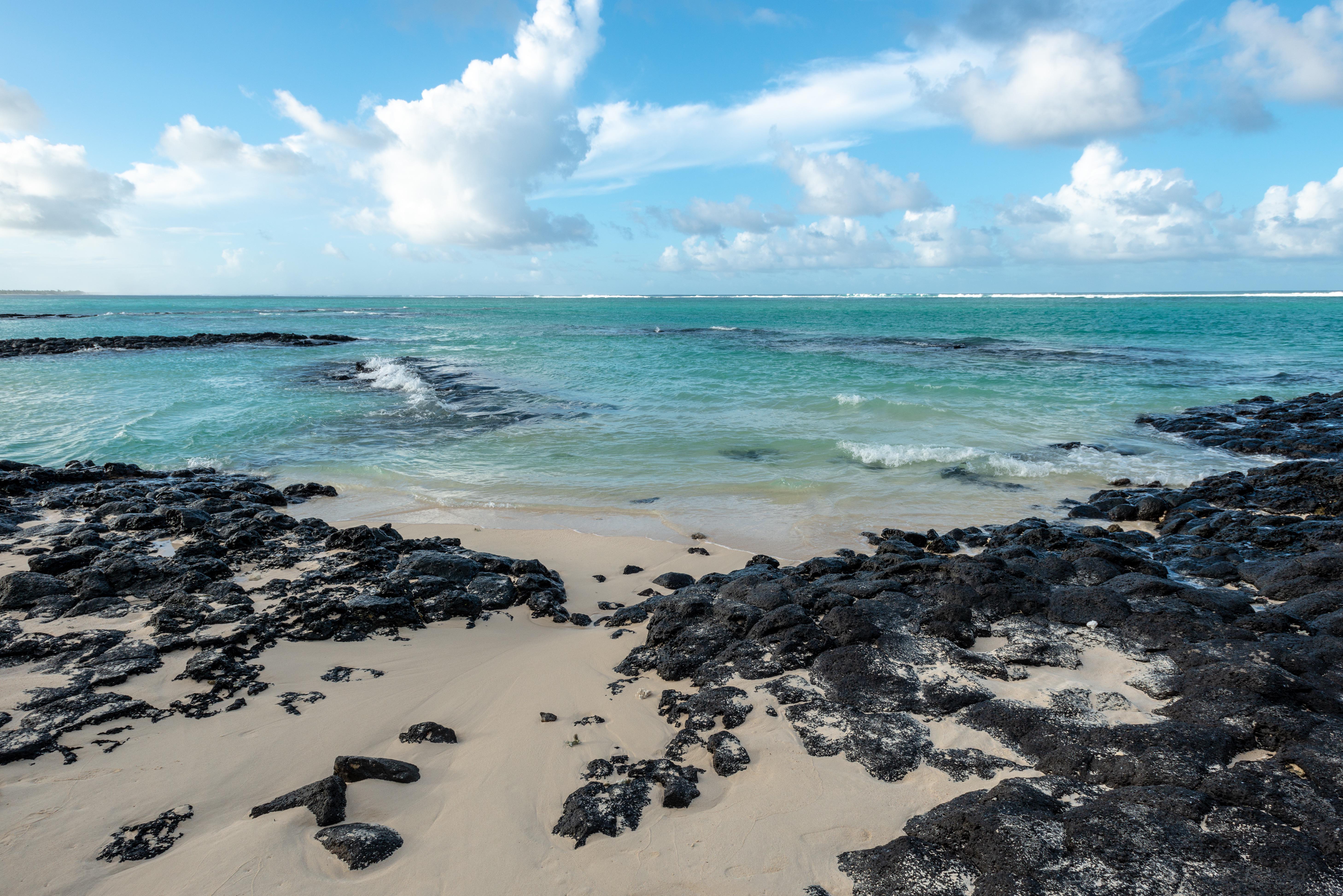 Beach Landscape Nature Cumulus Clouds Sand Waves Sea Rocks Mauritius Africa 5832x3892