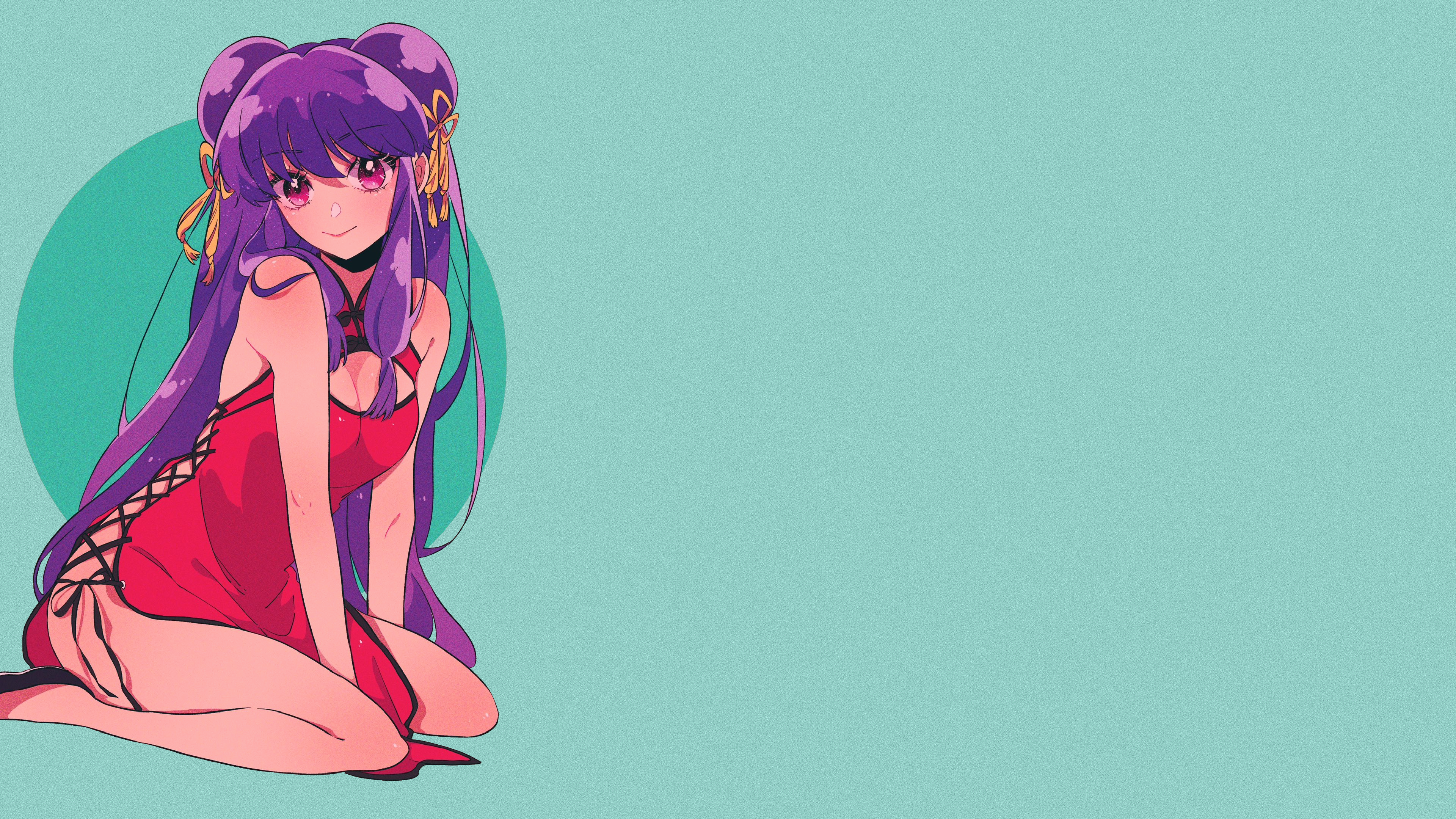 Shampoo Ranma Simple Background Teal Background Long Hair Twin Buns Purple Hair Ribbon Yellow Ribbon 3840x2160