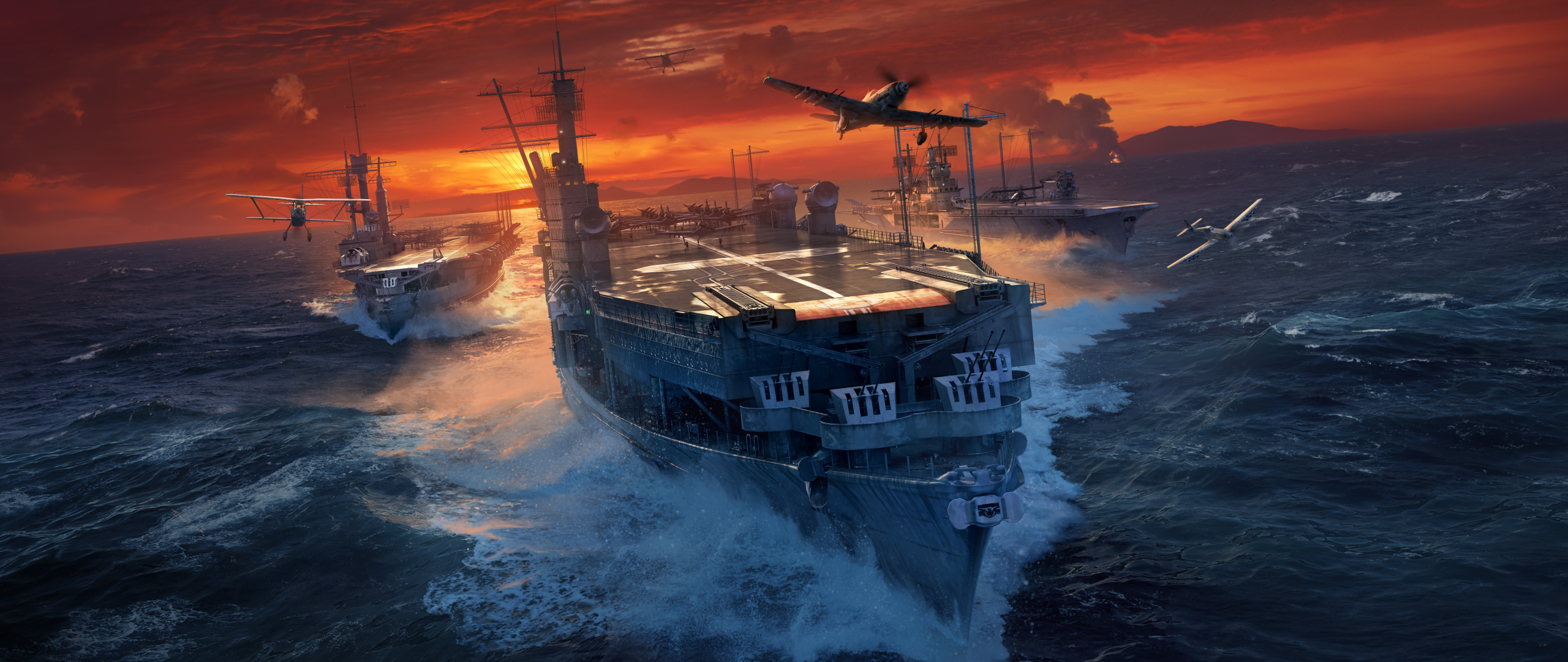 Manfred Von Richthofen Ship World Of Warships Ship Aircraft Carrier Messerschmitt Sea Sunset Artwork 2560x1080